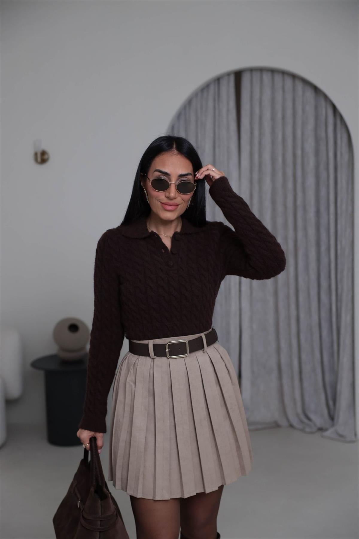 4984 Polo Yaka Örgülü Yarım Düğmeli Kazak ACI KAHVE