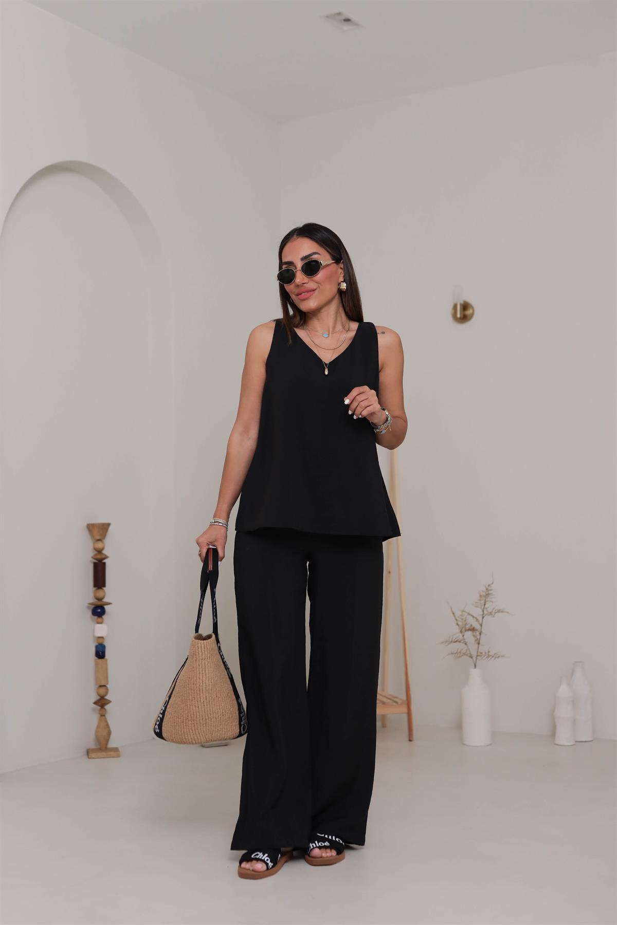 3142 V Yaka Sıfır Kol Tencel Takım SİYAH