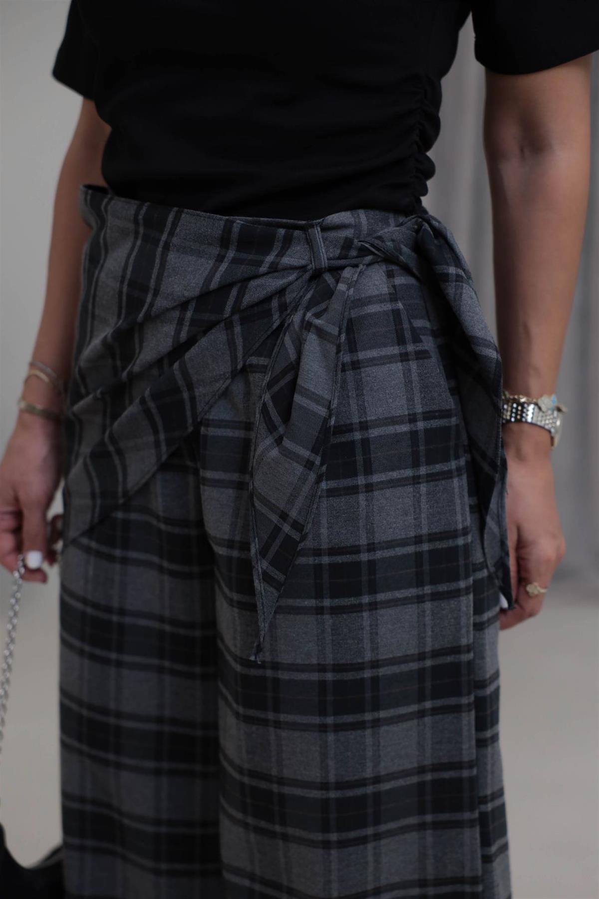 1508 Arka Bel Lastikli Bağlama Detaylı Ekose Pantolon ANTRASİT