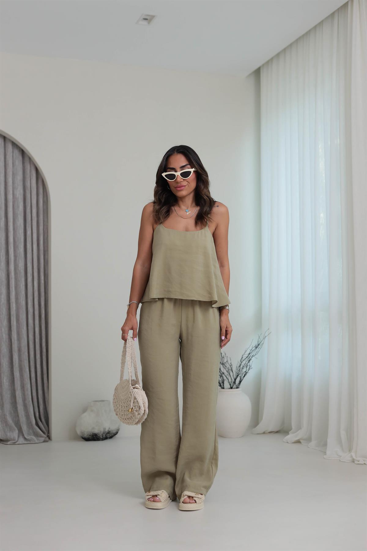 0455 İp Askılı Tencel Kumaş Takım HAKİ YEŞİL