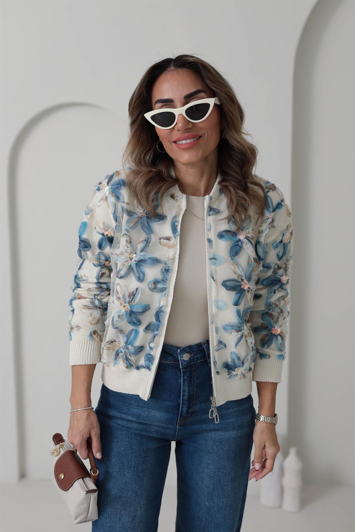 2438 Tasarım Çiçekli Fermuarlı Triko Hırka EKRU