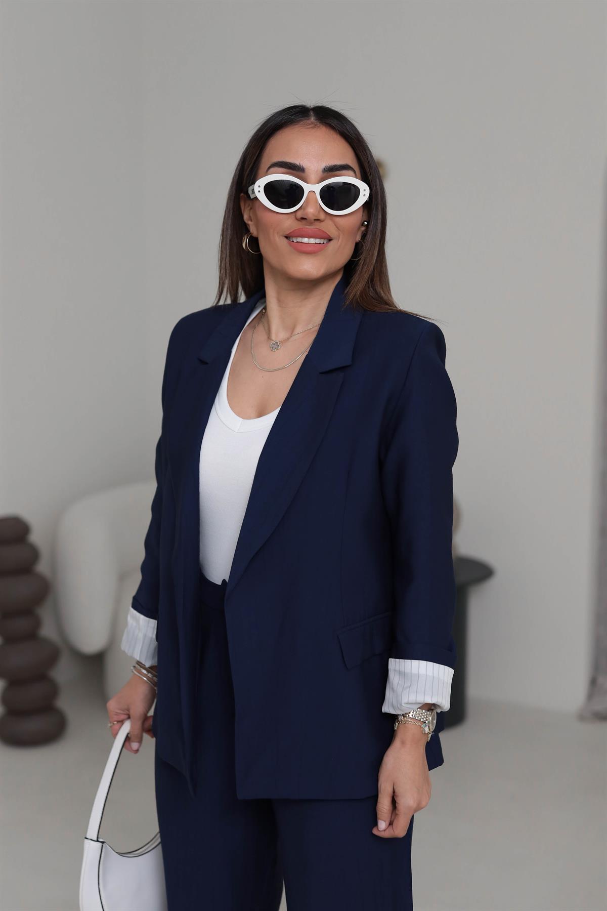 50178 Aeronbin Kol Katlamalı Çizgili Blazer Ceket LACİVERT