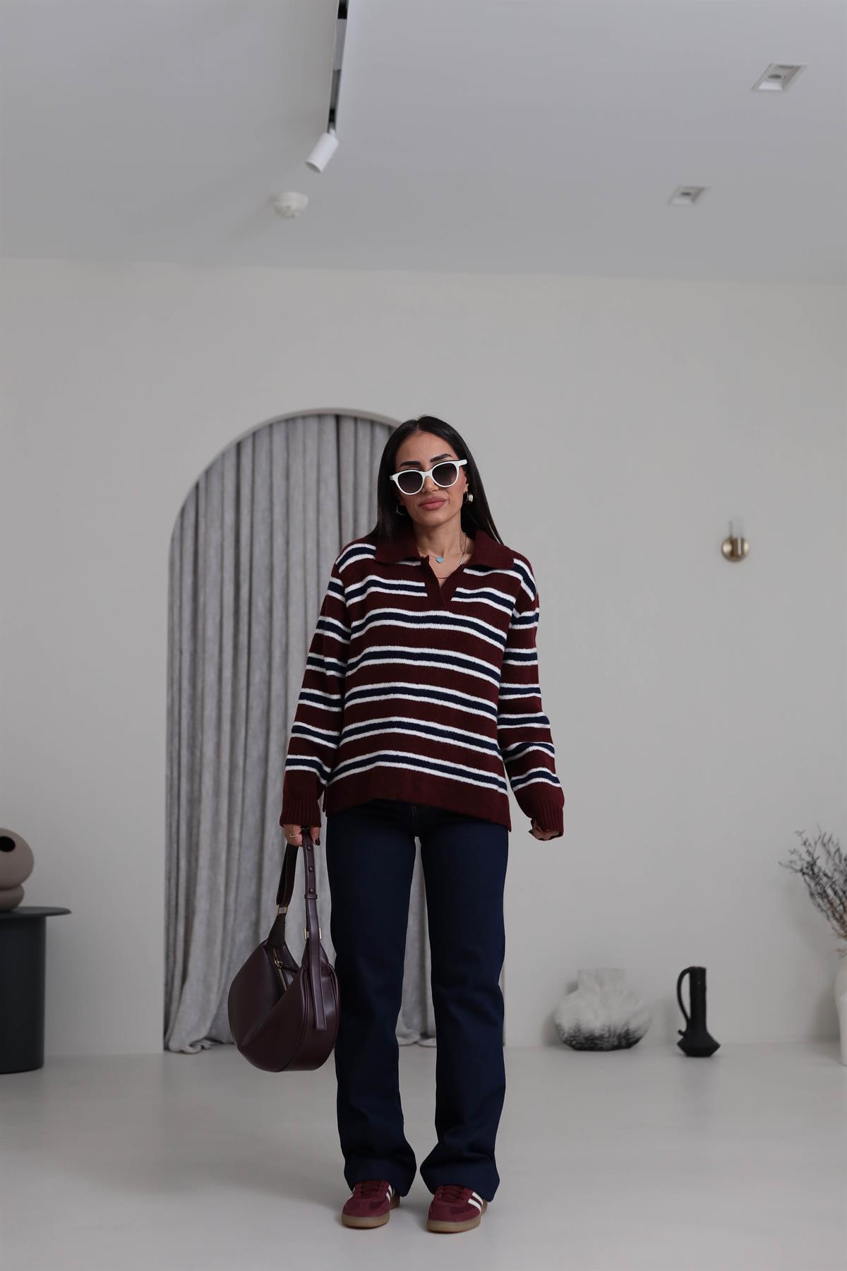 2541 Polo Yaka Çizgili Triko Kazak BORDO