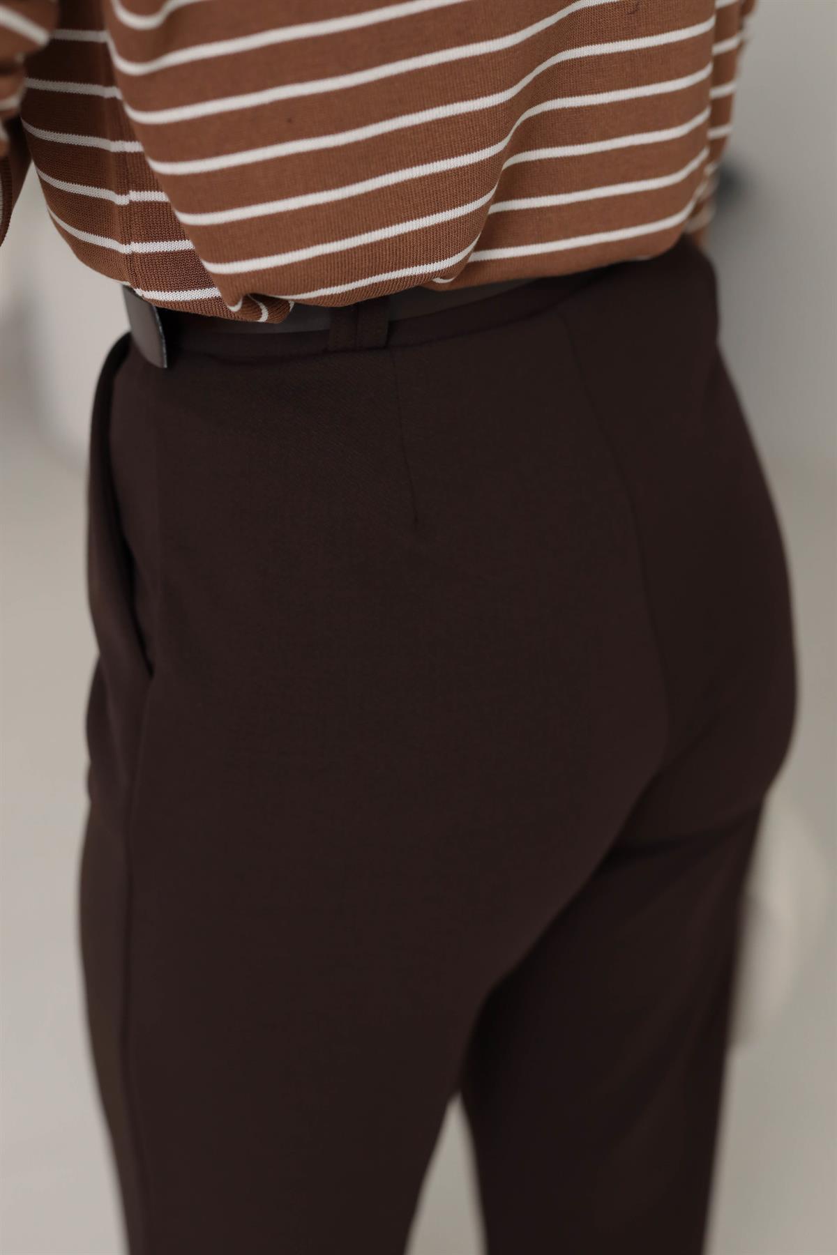 3851 Çift Pile Detaylı Kemerli Palazzo Pantolon KAHVE