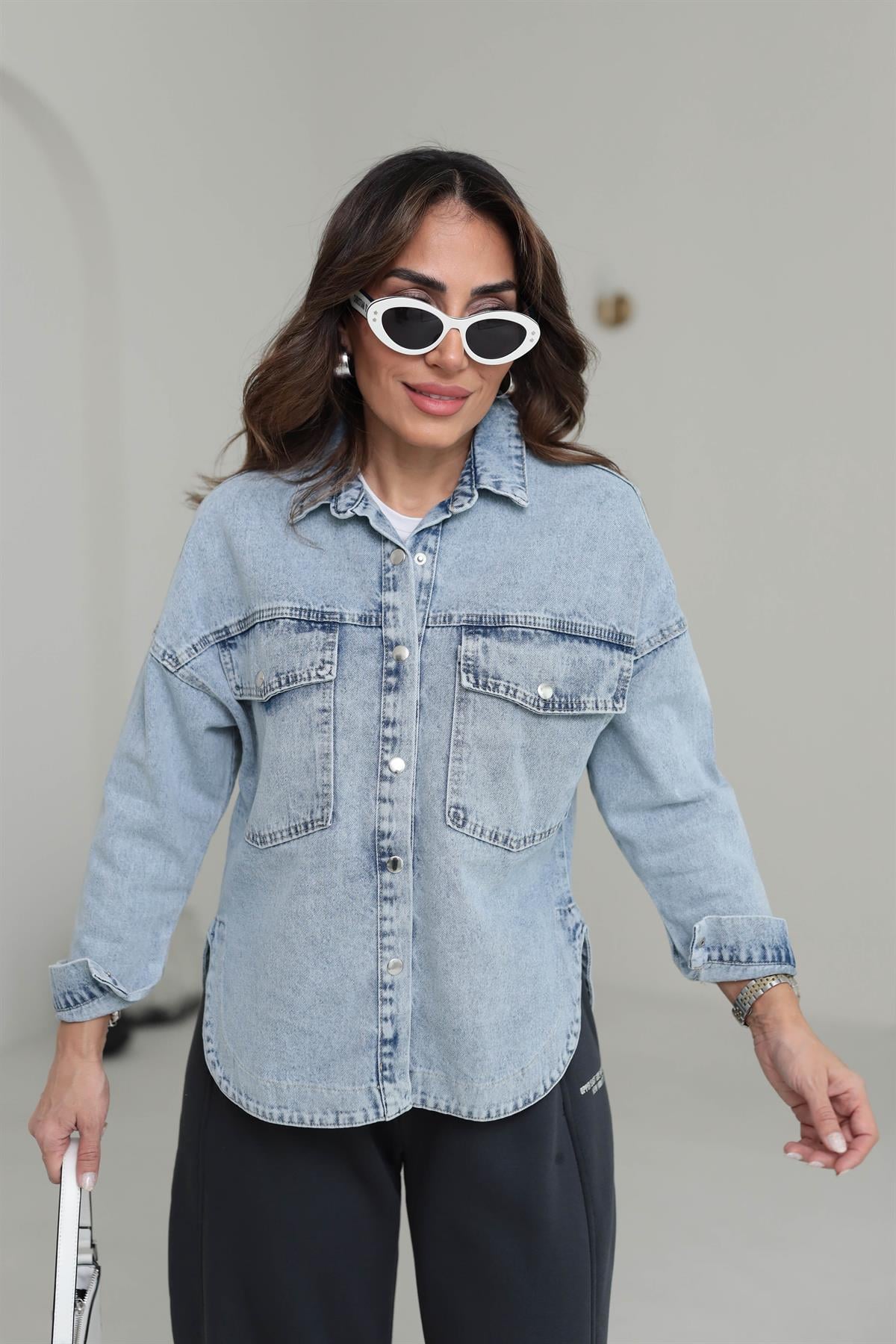 3406 Önden Çıtçıt Düğmeli Kot Ceket AÇIK MAVİ