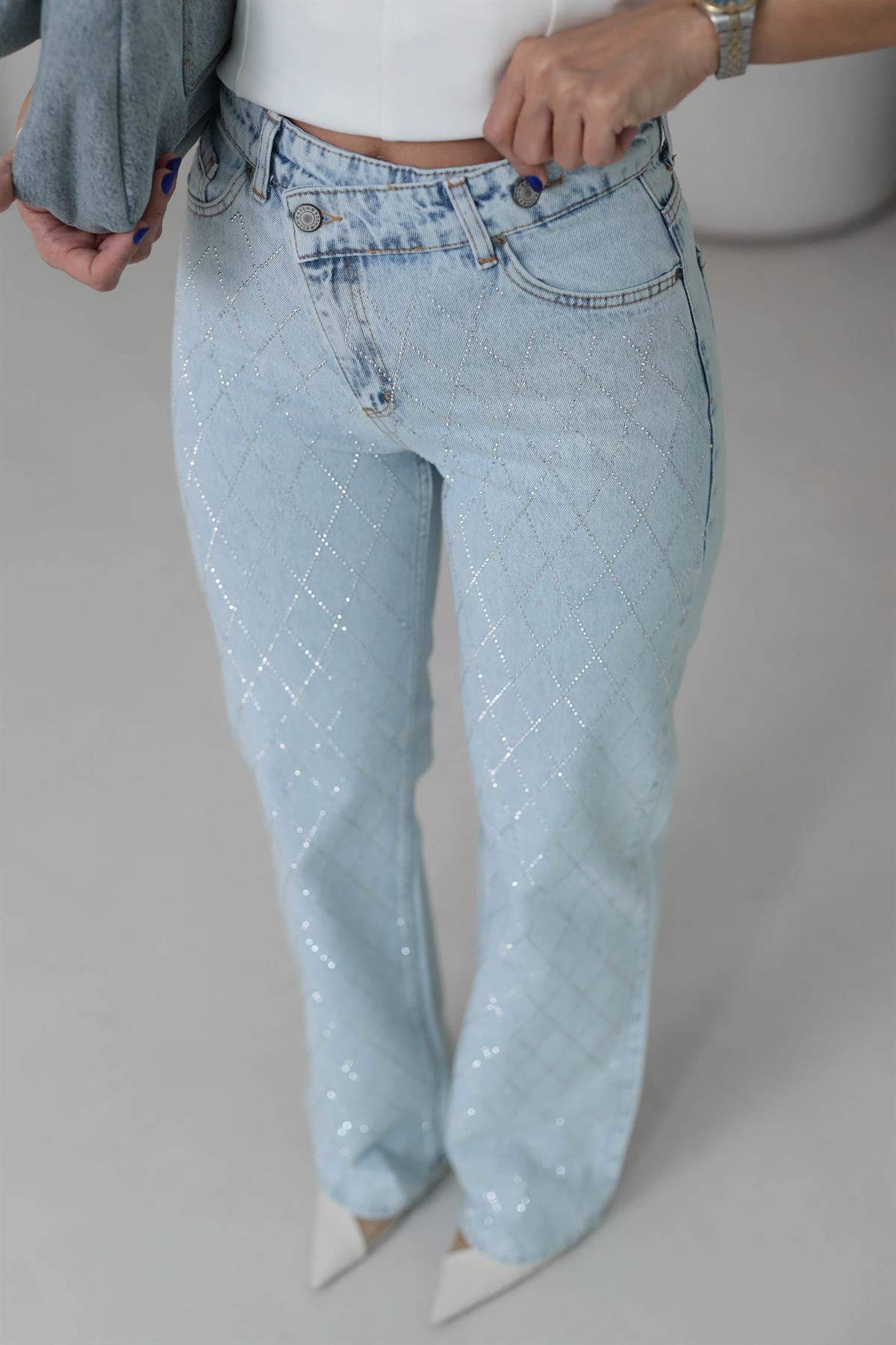 460 Baklava Desen Taş İşlemeli Pantolon BUZ MAVİ