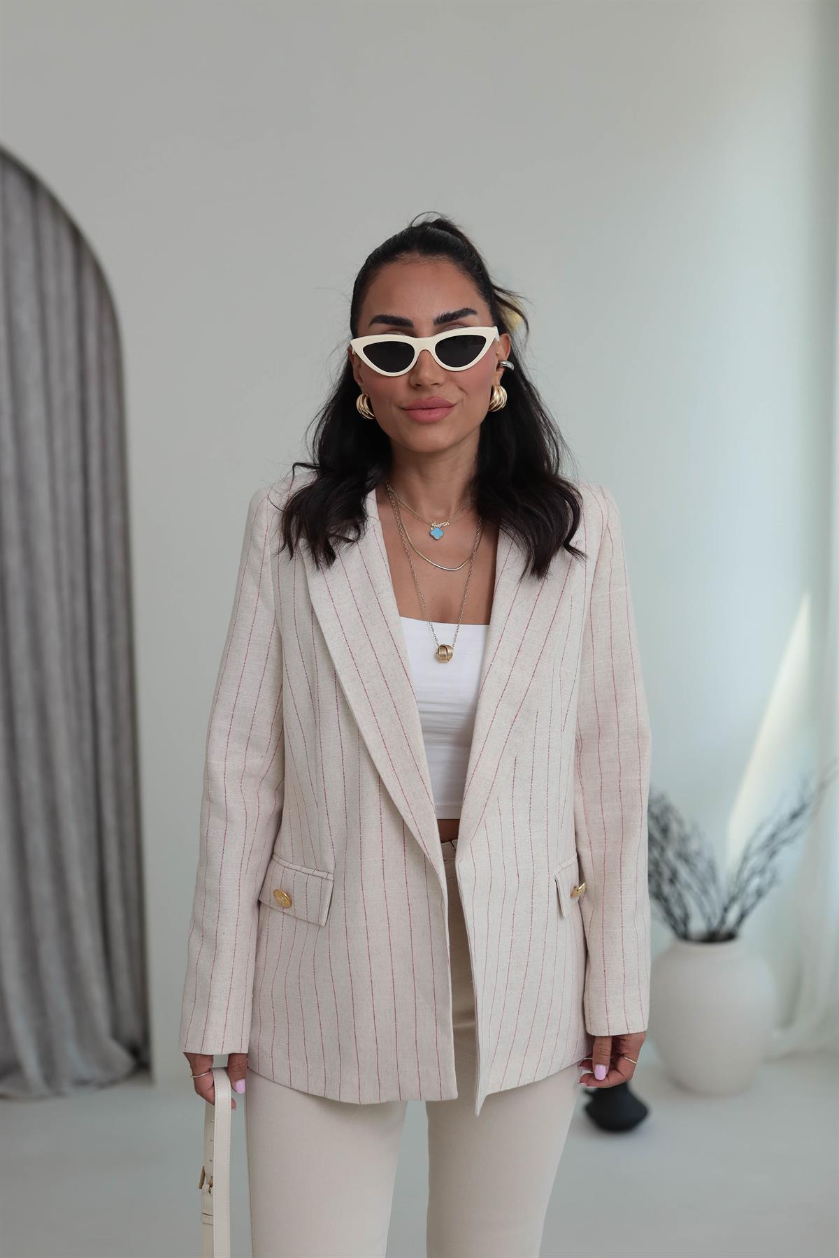 9296 Çizgili Gold Düğmeli Keten Ceket KIRMIZI