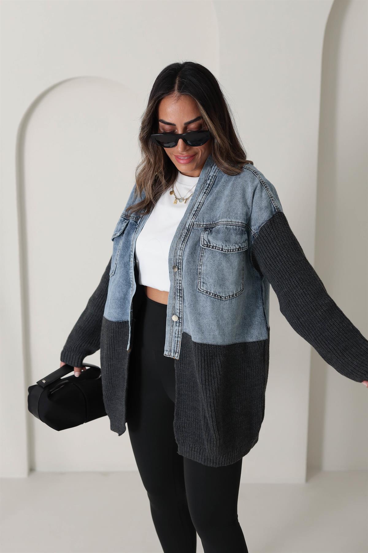 4139 Tasarım Triko ve Kot Garnili Ceket Hırka FÜME