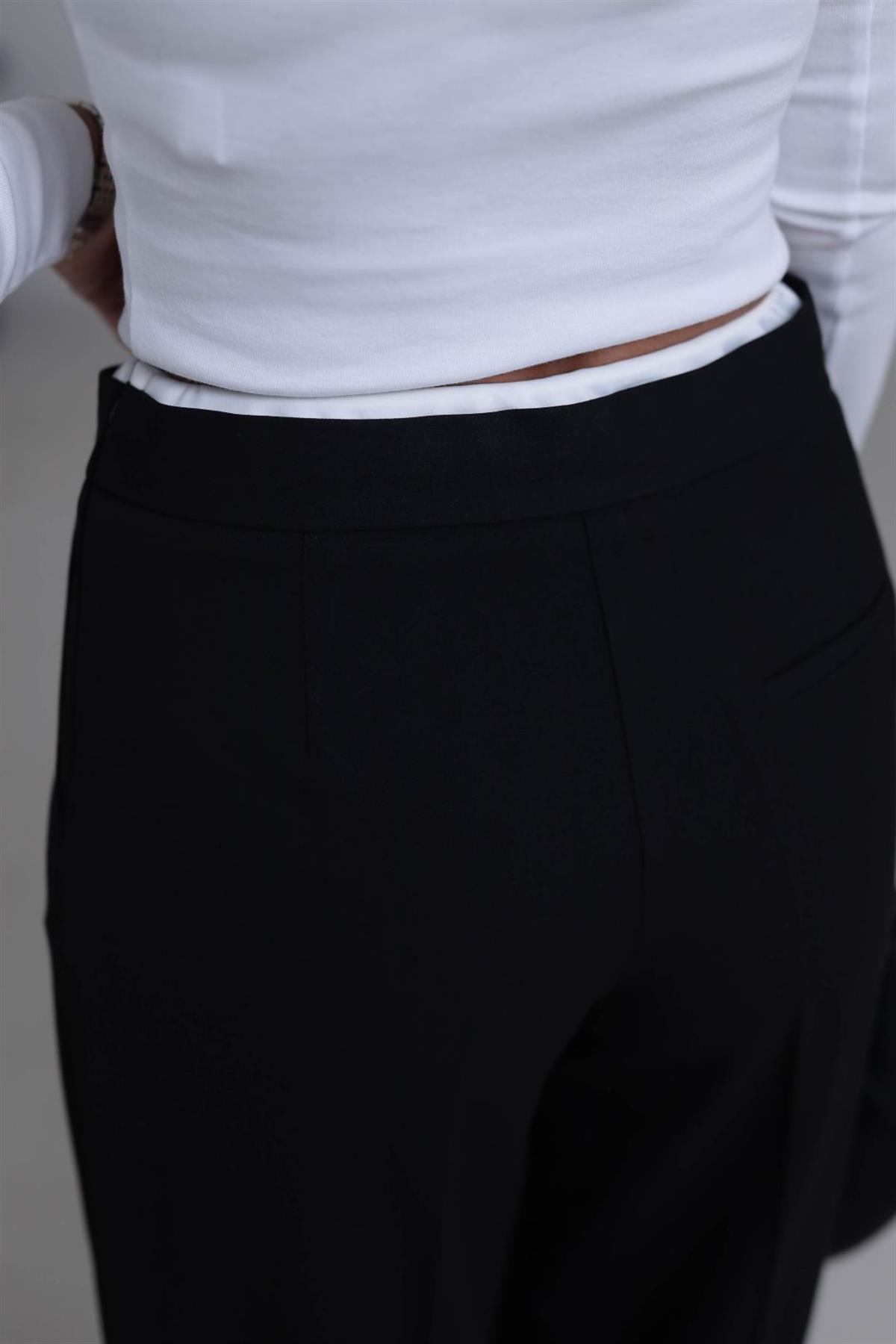 5179 Bel Detaylı Bağcıklı Kumaş Pantolon SİYAH