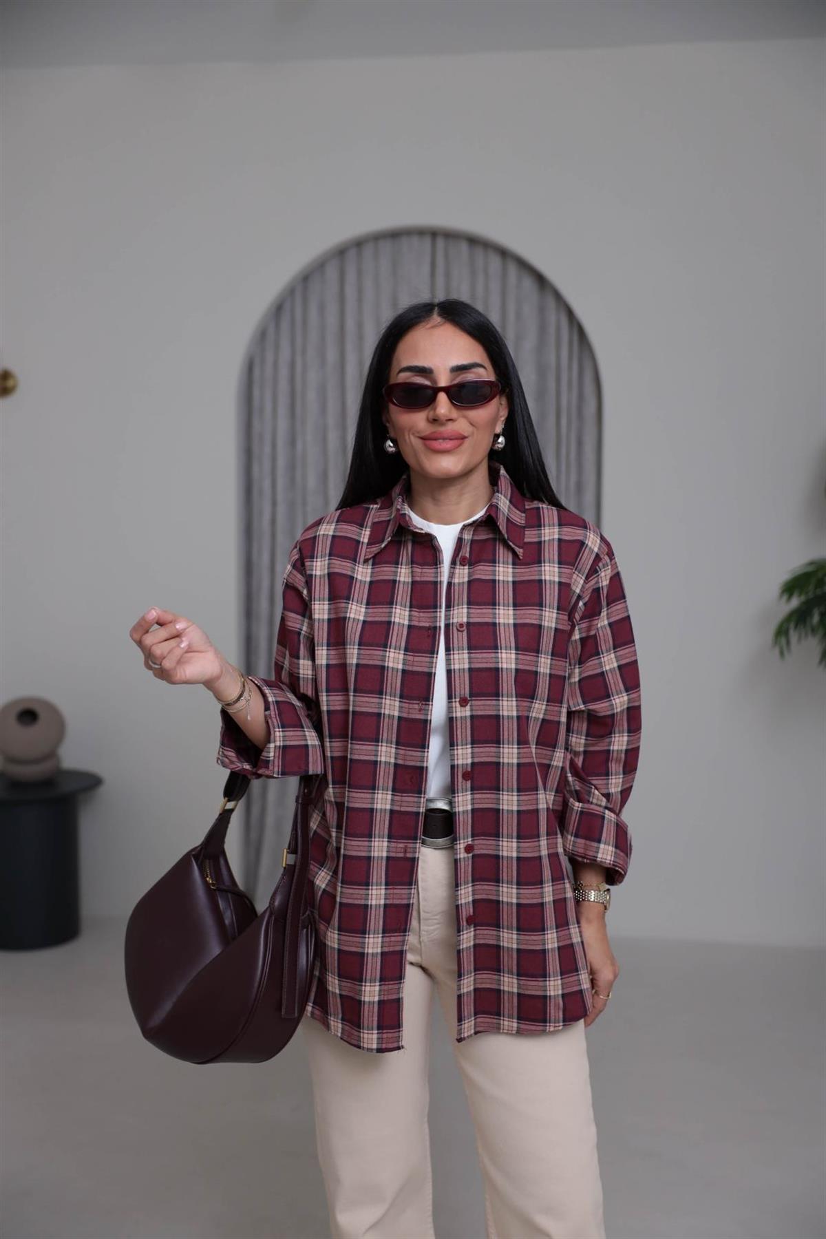 7124 Ekose Desen Pamuklu Oversize Gömlek BORDO