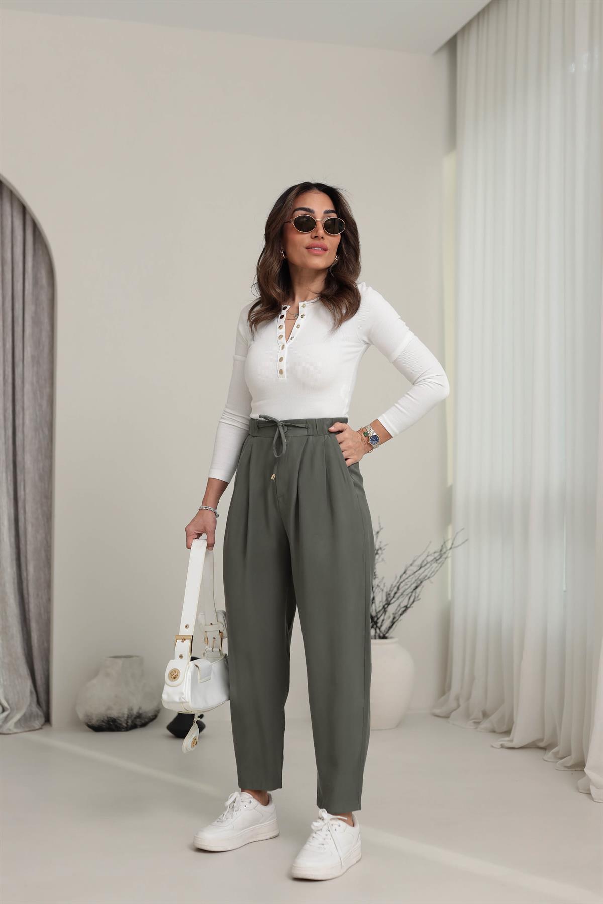 0266 Önden Bağcıklı Tencel Kumaş Havuç Pantalon KOYU YEŞİL