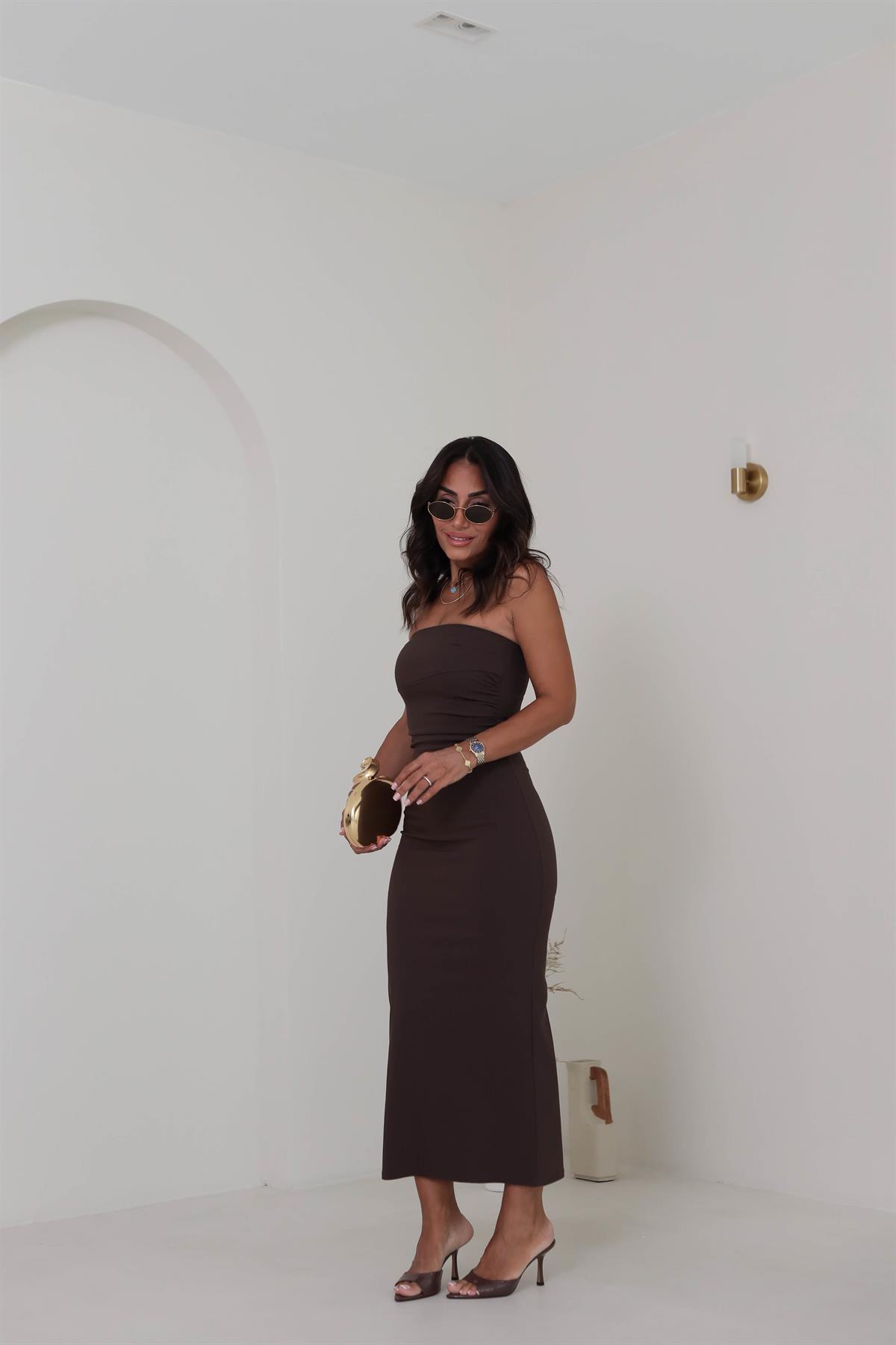 1368 Straplez Drapeli Likralı Midi Elbise KAHVE