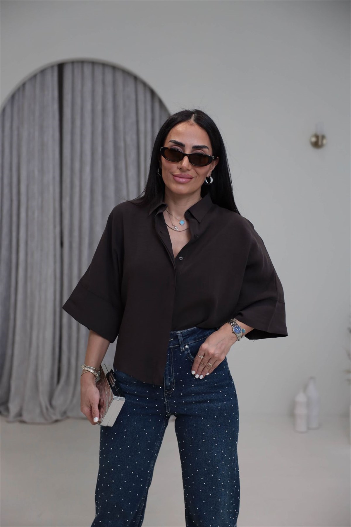 8406 Kısa Kol Tencel Gömlek KAHVE