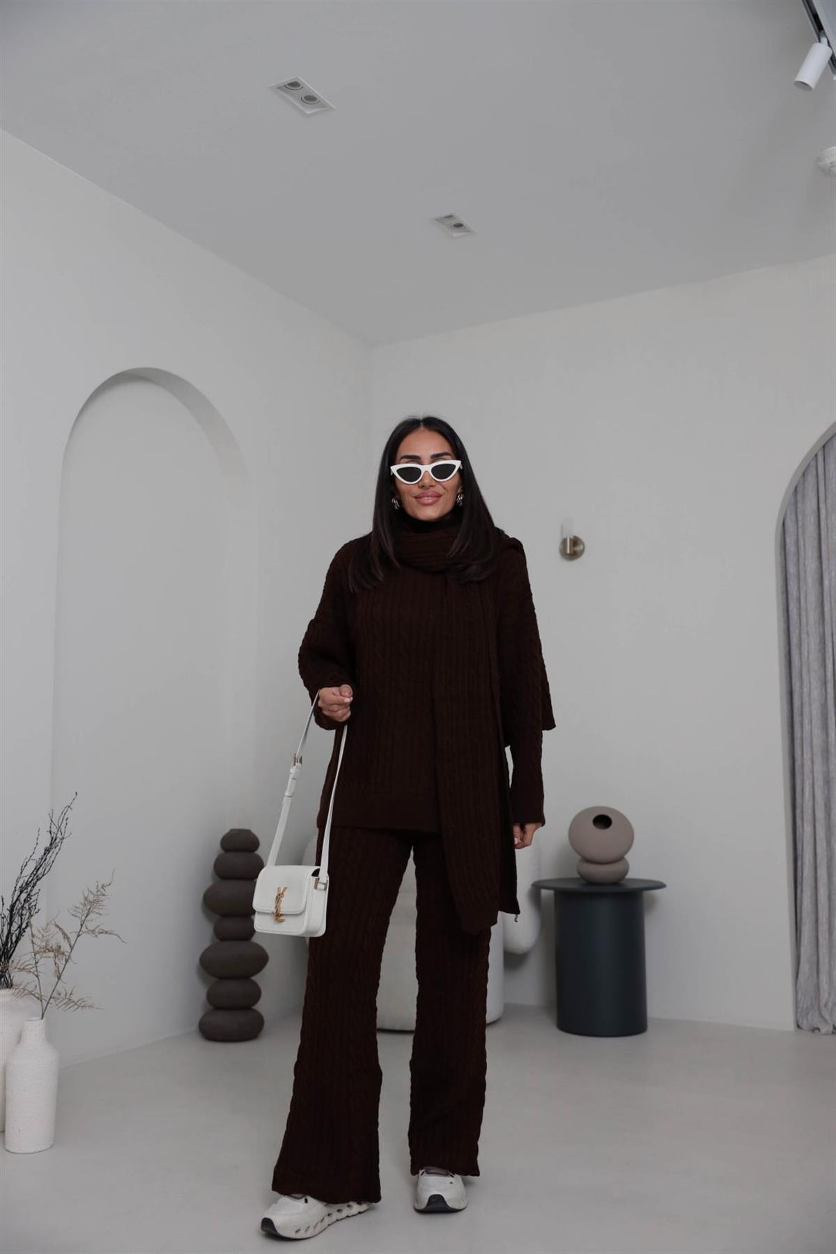 2464 Şal Detaylı Üçlü Triko Takım KAHVE