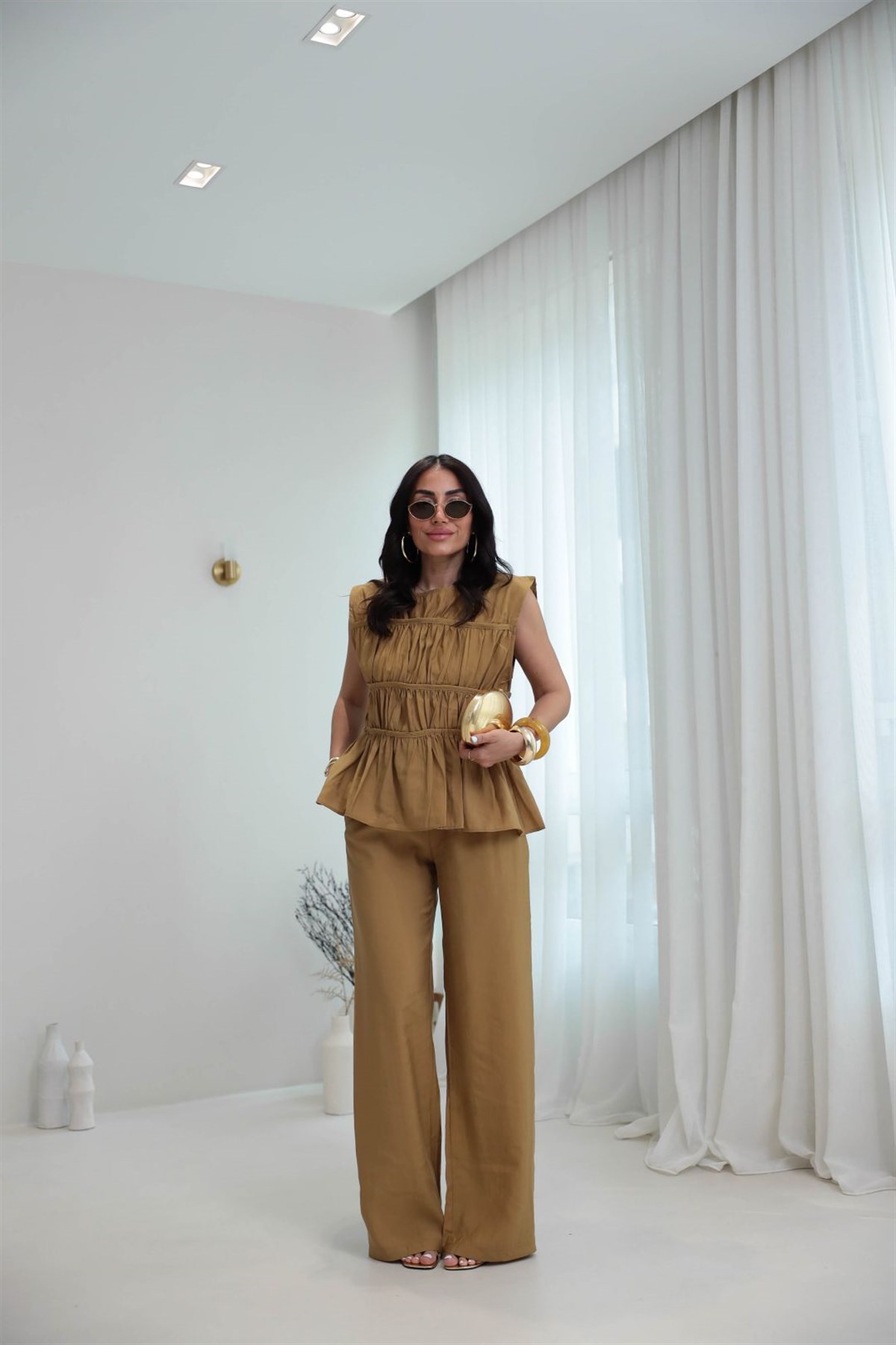 0483 Kat Kat Dikiş Detaylı Tencel Takım OLİVE