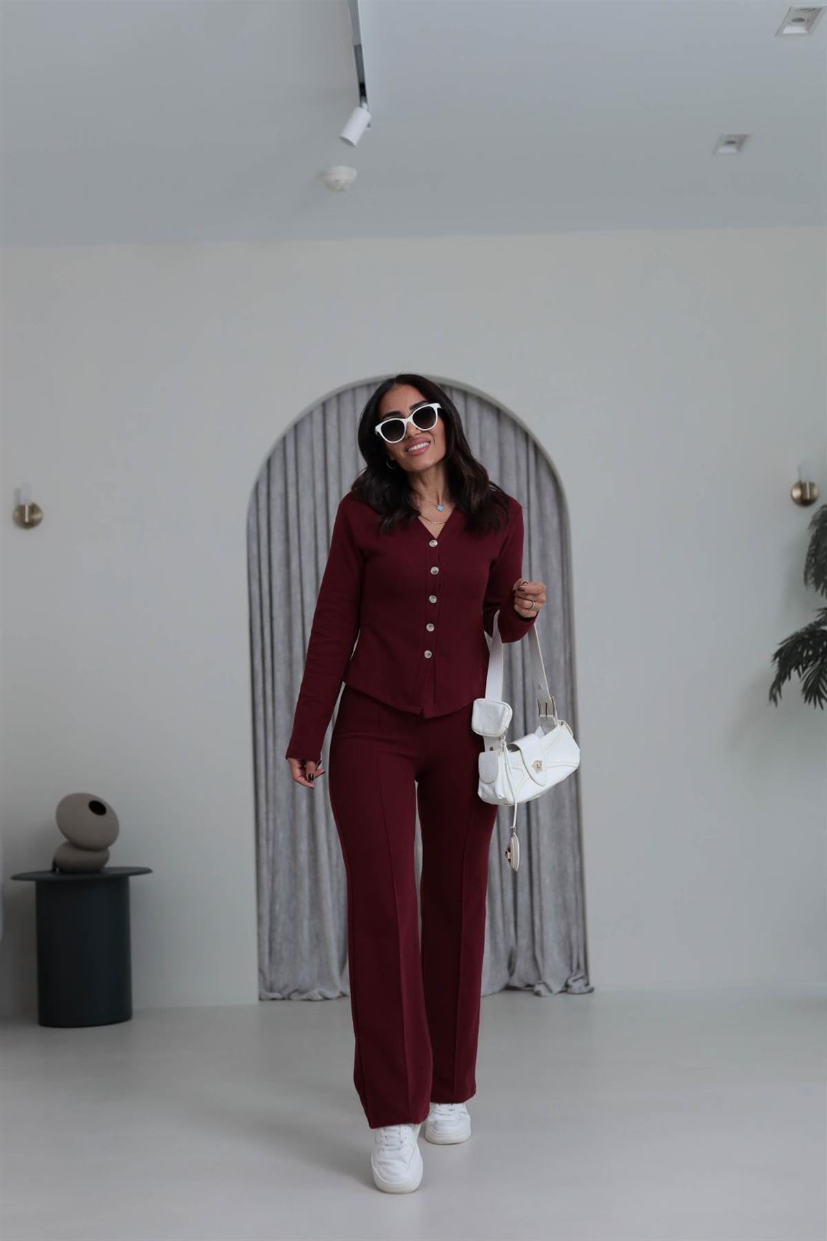 Gold Düğmeli V Yaka Selanik Hırka Takım BORDO