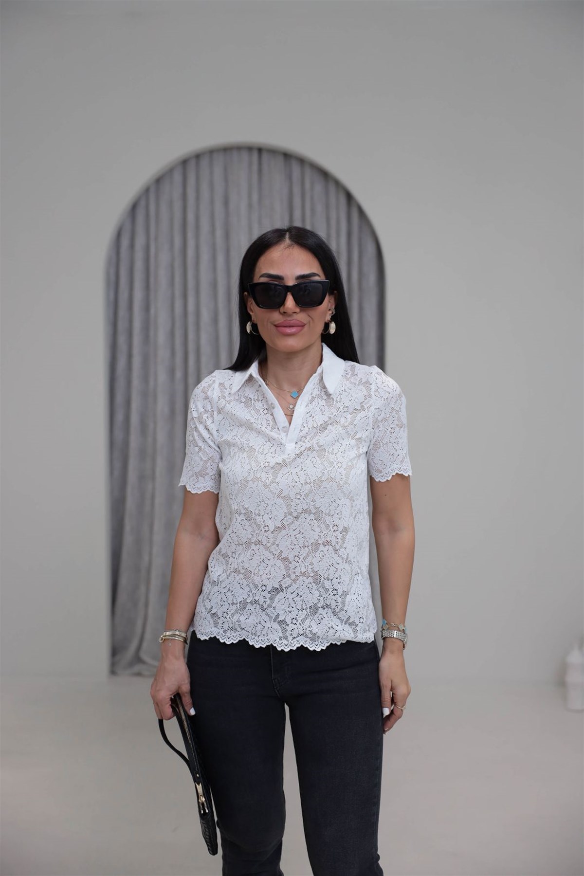 7370 Polo Yaka Düğmeli Dantel Tshirt EKRU