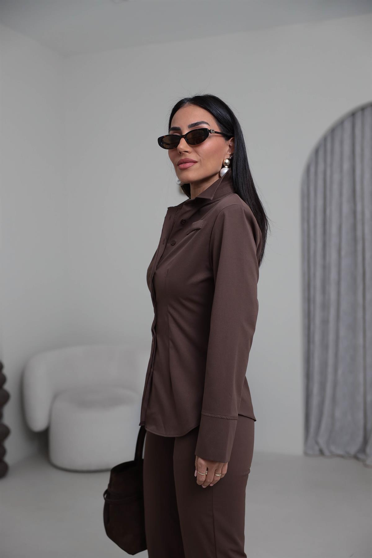 0830 Vatkalı ve Cep Detaylı Gömlek Pantolon Takım KAHVE