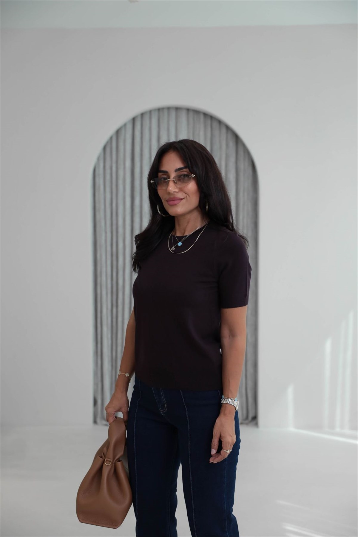 0779 Bisiklet Yaka Kısa Kol Triko Bluz MÜRDÜM