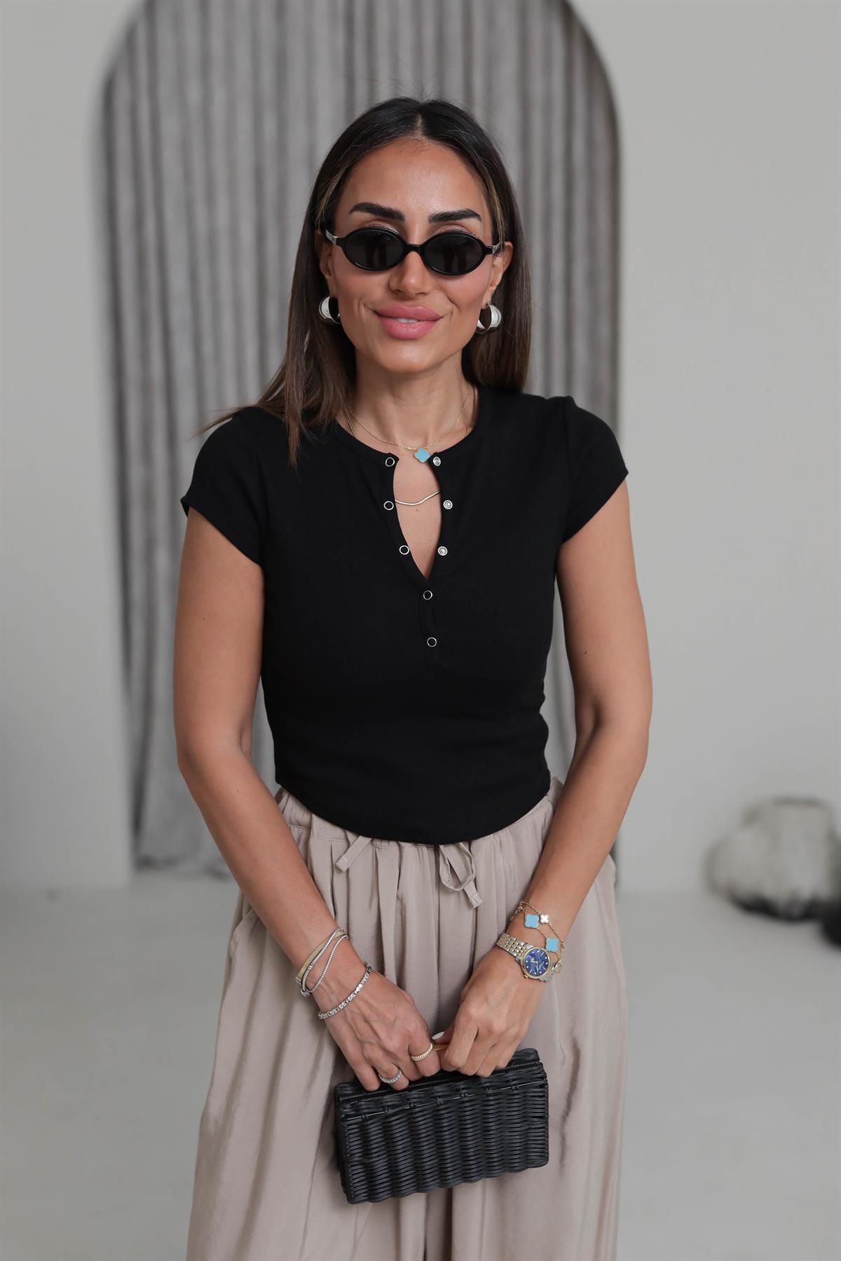 1719 Önü Çıtçıtlı Fitilli Body SİYAH