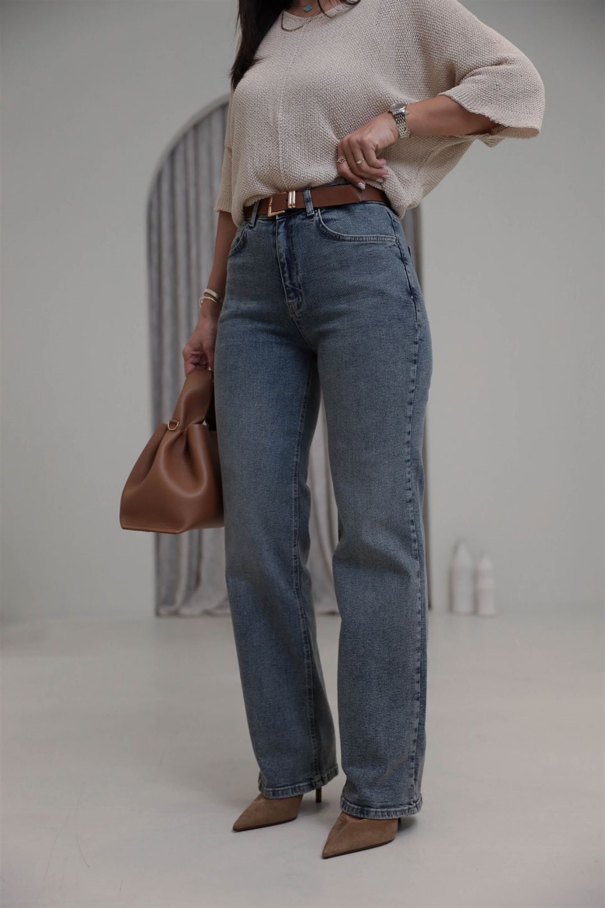 1001 Kemerli Wide Leg Pantolon TİNTLİ MAVİ