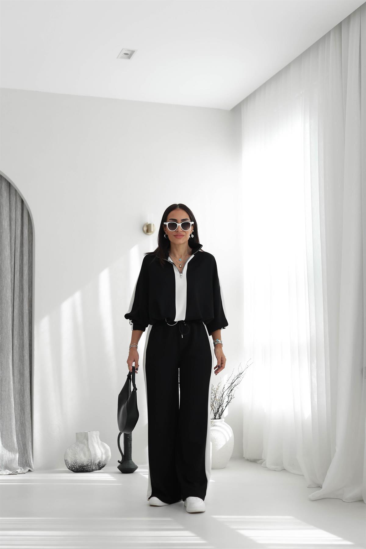 5704 Şerit Detaylı Modal Takım SİYAH