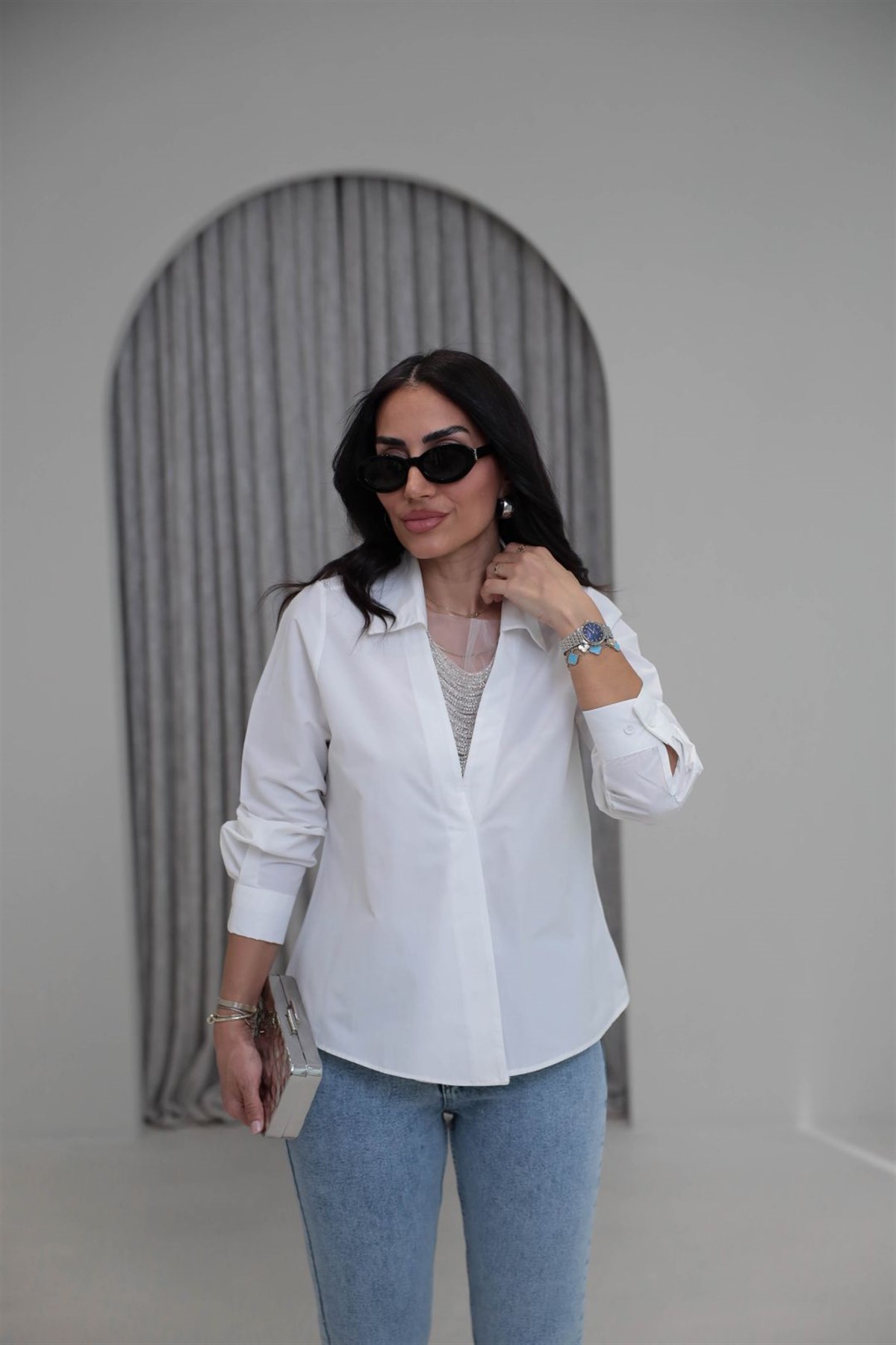 5133 Poplin Kumaş Önü Taş Detaylı Gömlek Bluz EKRU