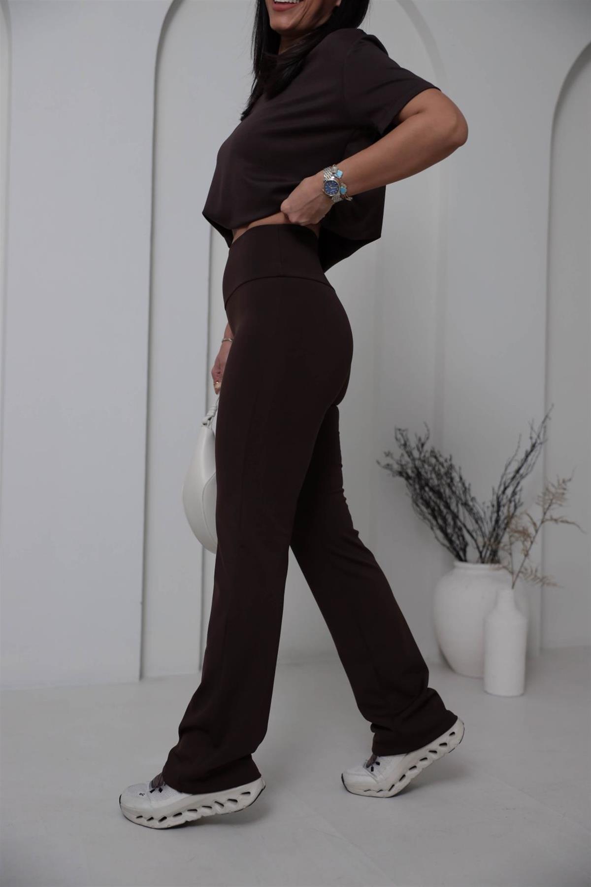 8515 Oys Şardonlu Flare Pantolon ACI KAHVE