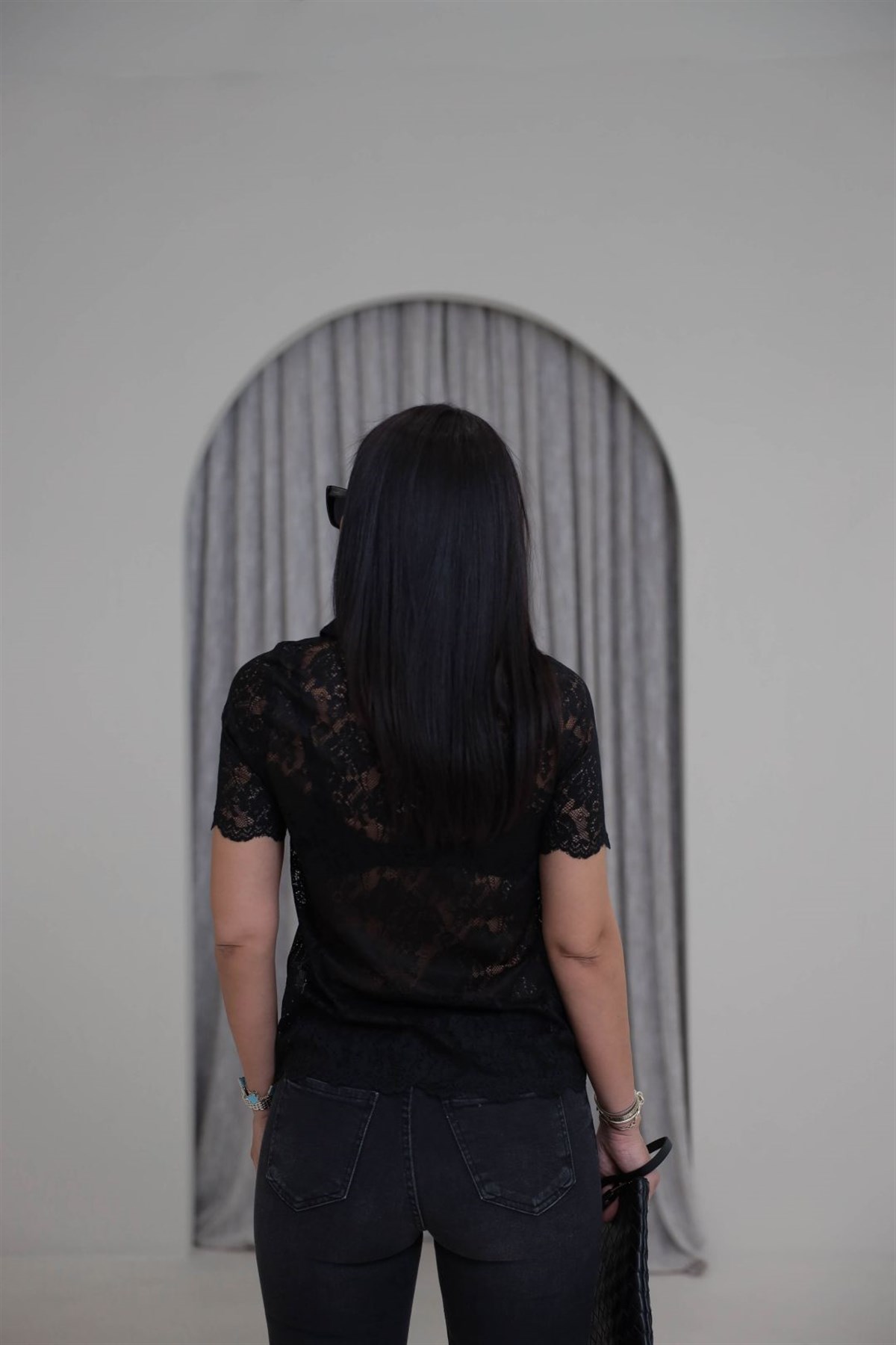 7370 Polo Yaka Düğmeli Dantel Tshirt SİYAH