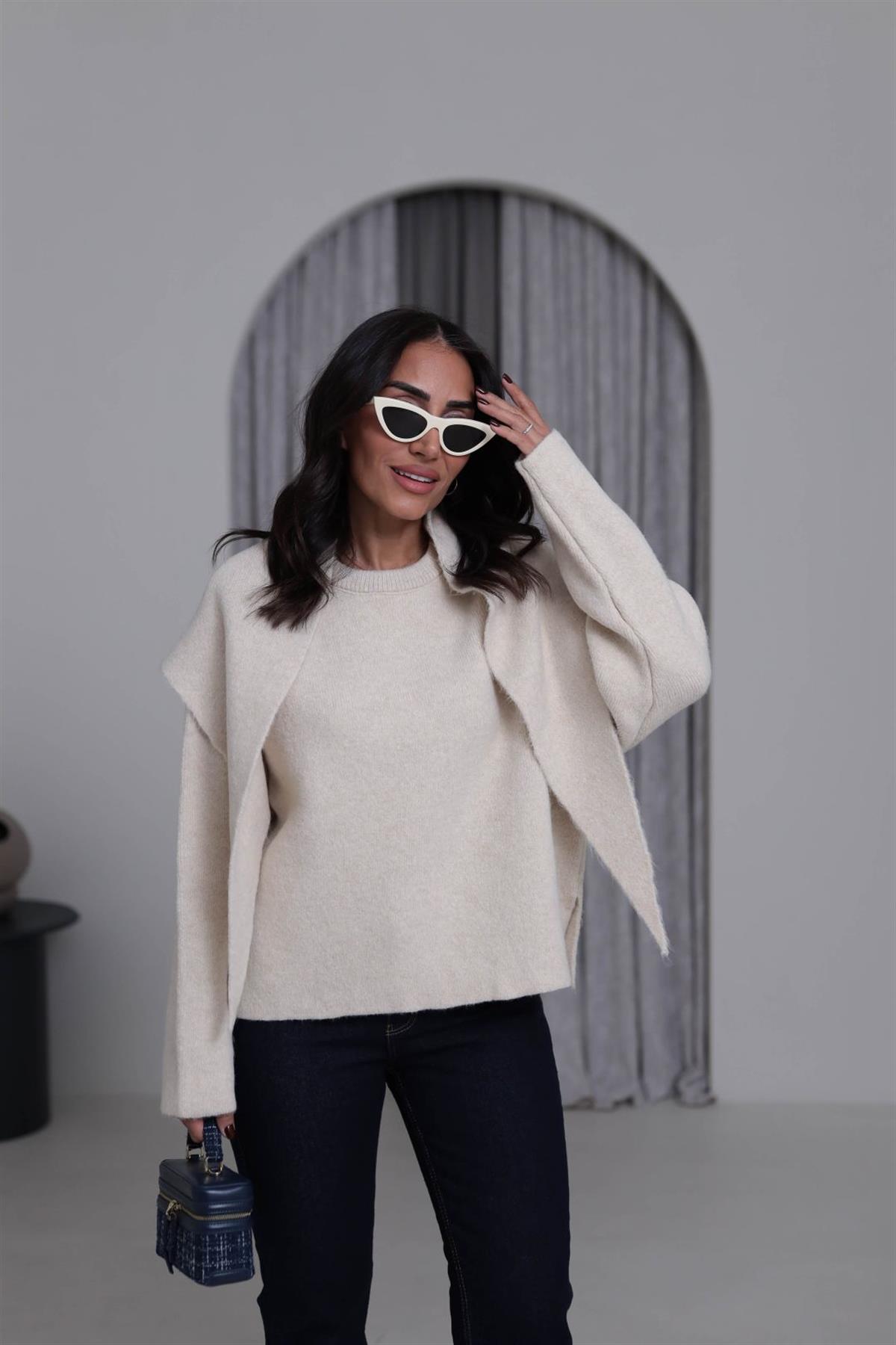 2567 Bisiklet Yaka Şal Detaylı Triko Kazak BEJ