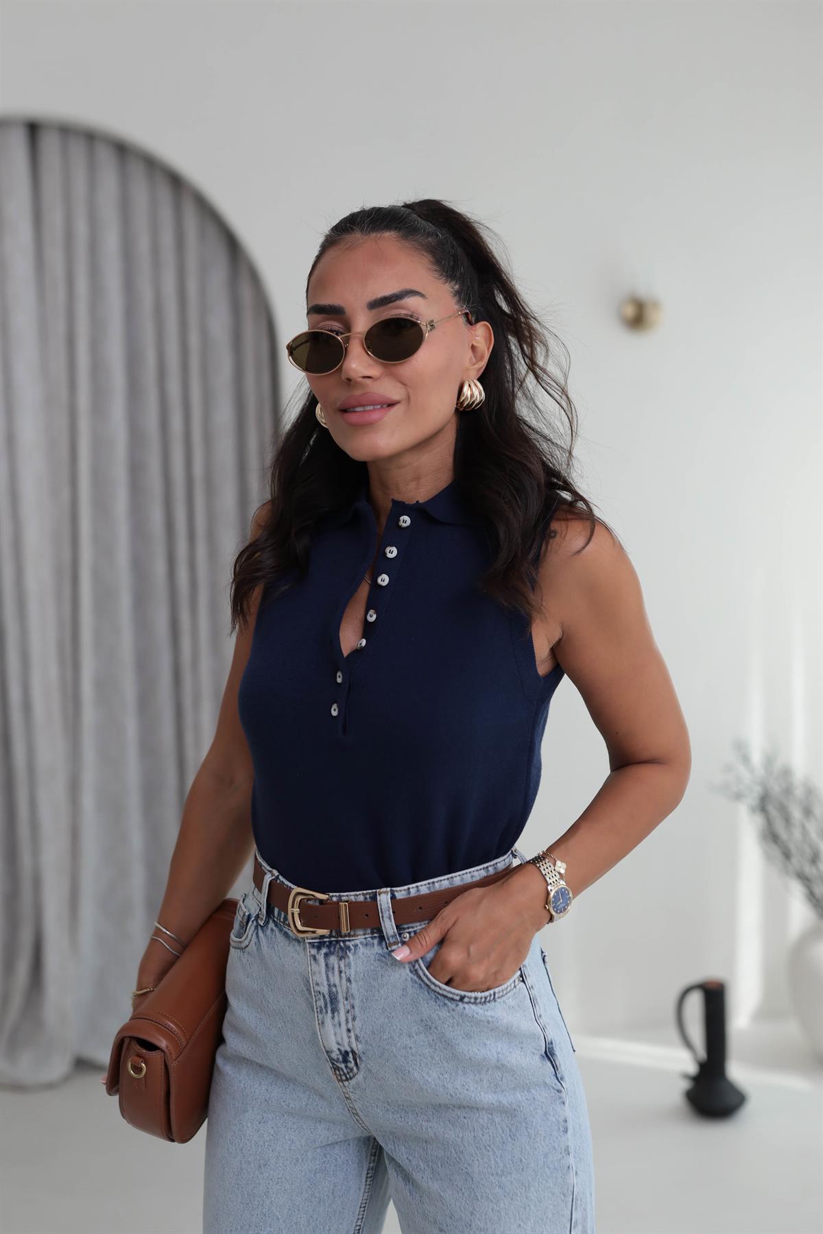 Polo Yaka Yarım Düğmeli Süveter LACİVERT