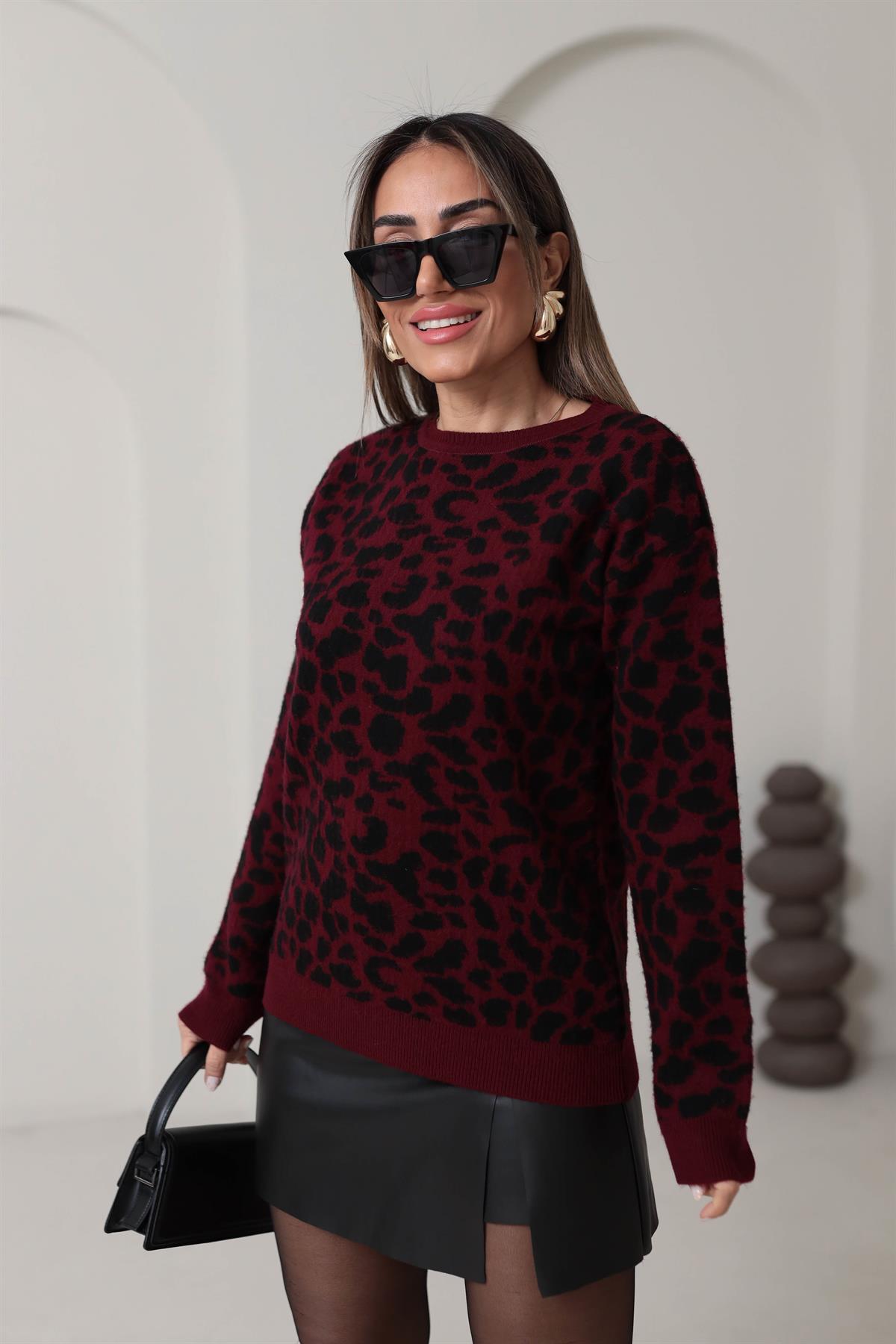 5216 Bisiklet Yaka Leopar Desen Triko BORDO