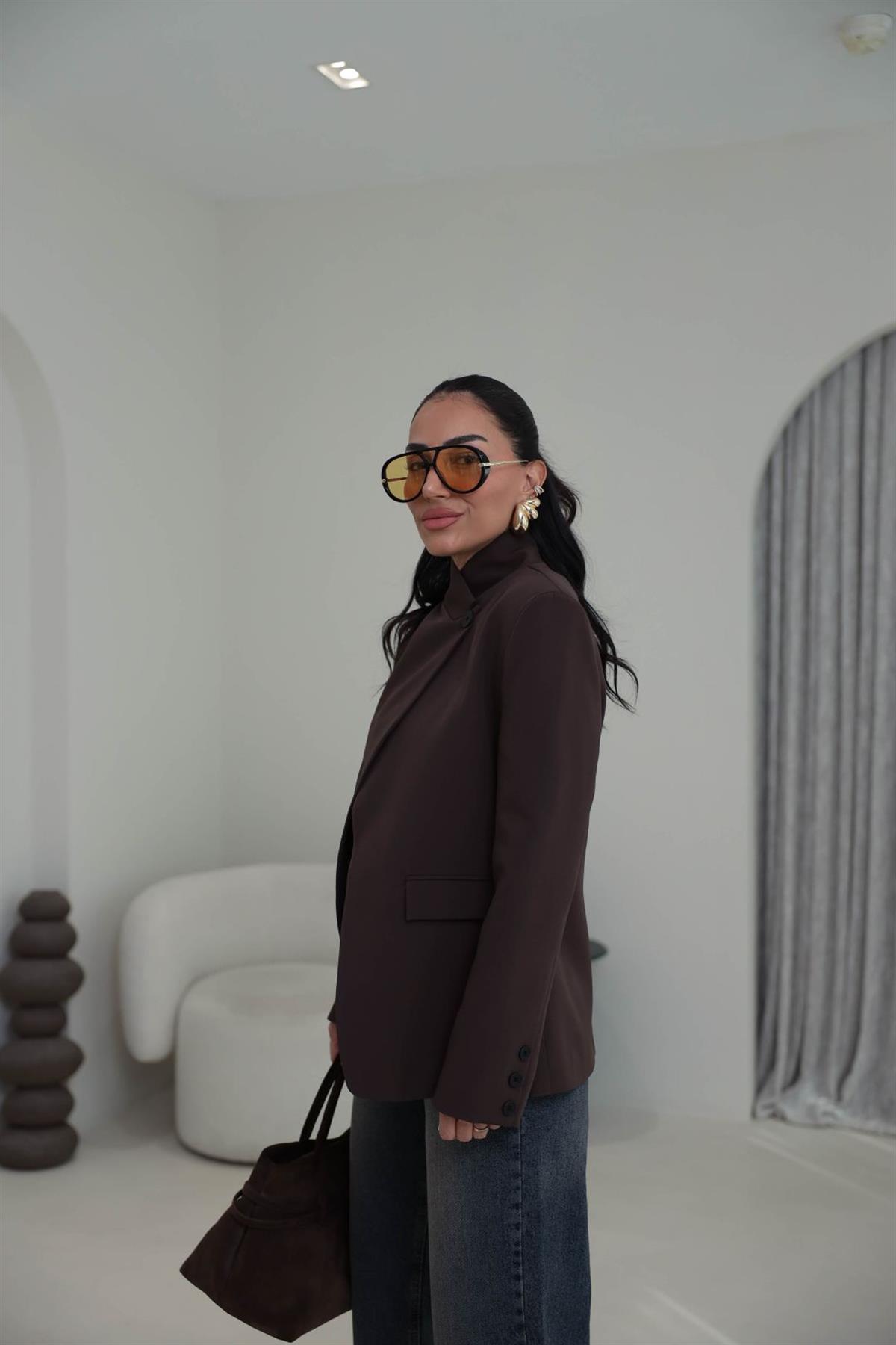 2330 Dik Yaka Düğmeli Blazer Ceket KAHVE