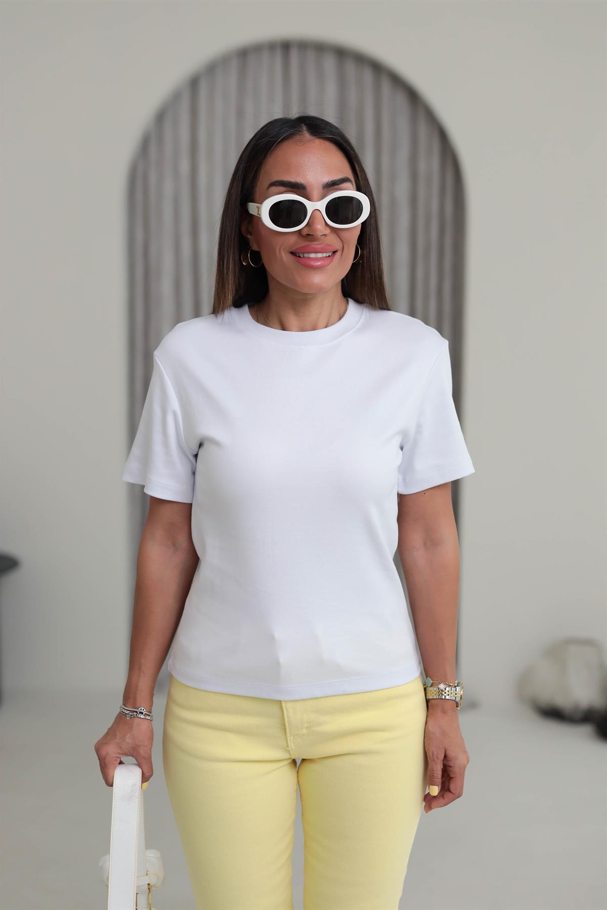 1075 Bisiklet Yaka Pamuklu Basic Tshirt BEYAZ