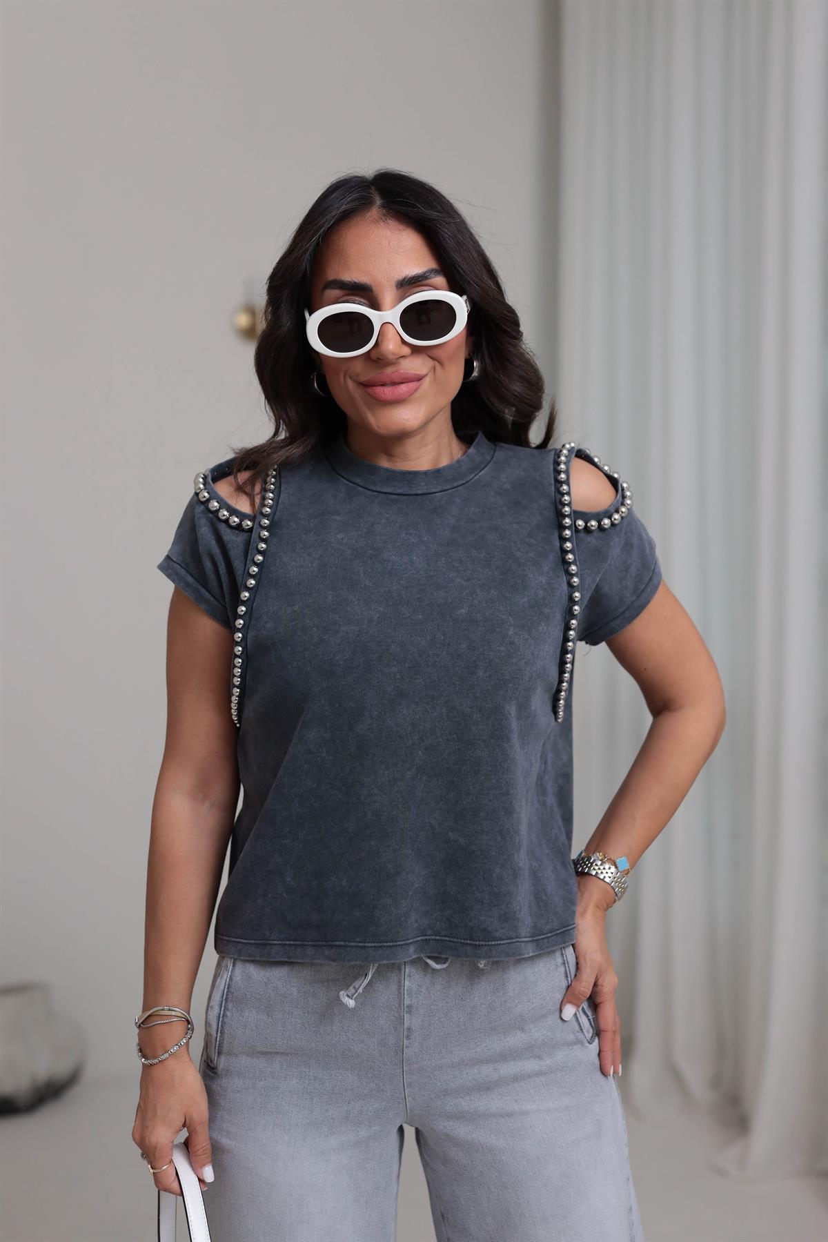 7089 Yıkamalı Boncuk Detay Pamuklu Tshirt FÜME