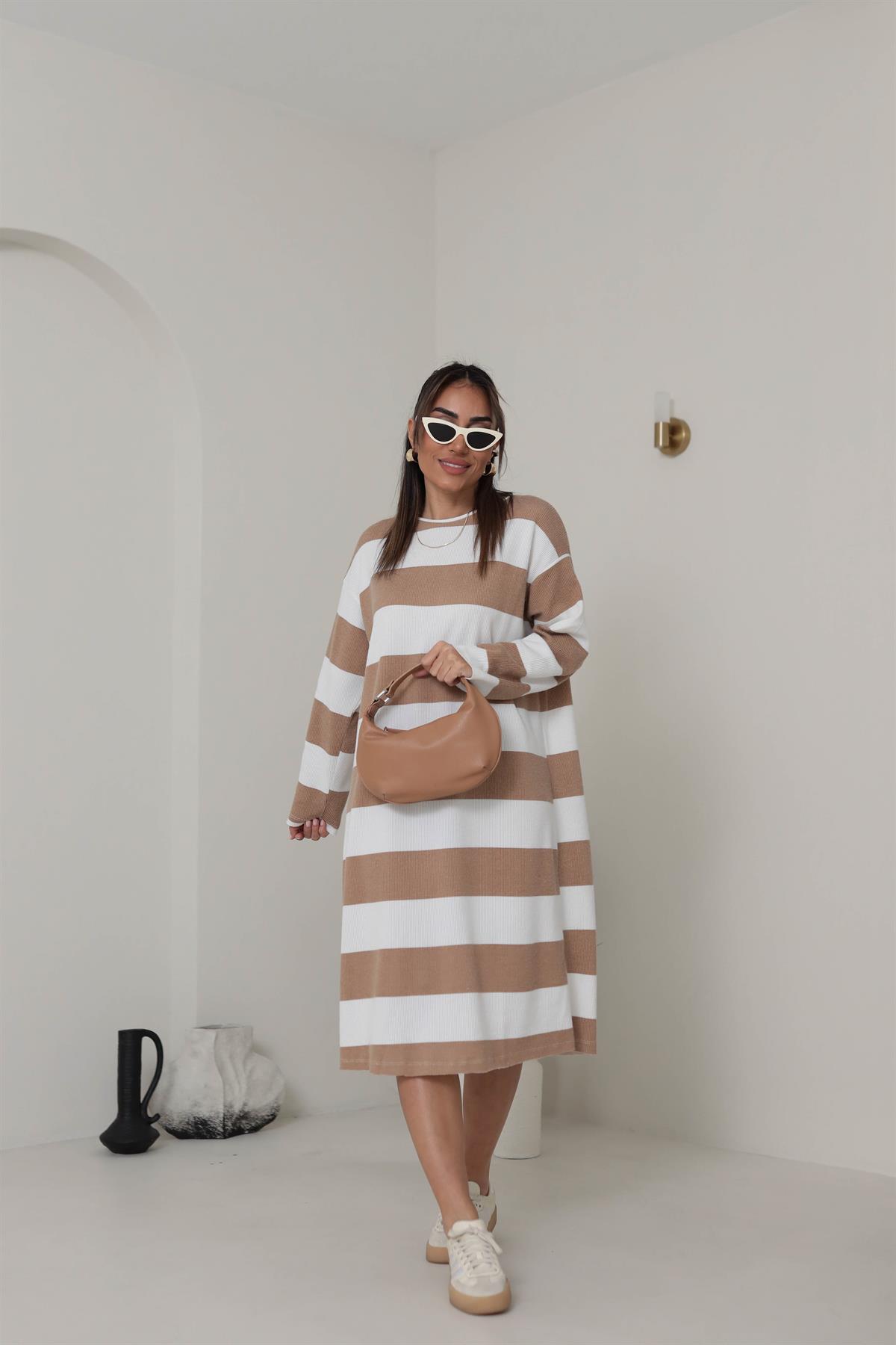 1215 Çizgili Triko Maxi Elbise BEJ
