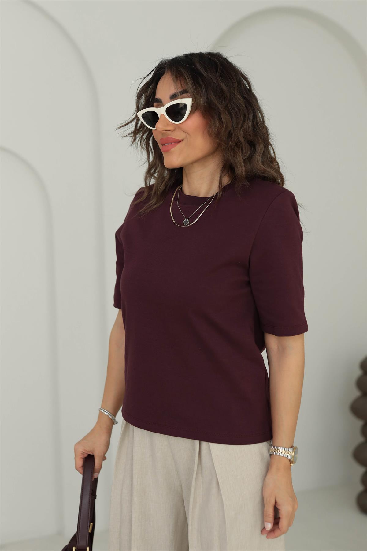 1134 Vatkalı Kalın Dokulu Tshirt BORDO