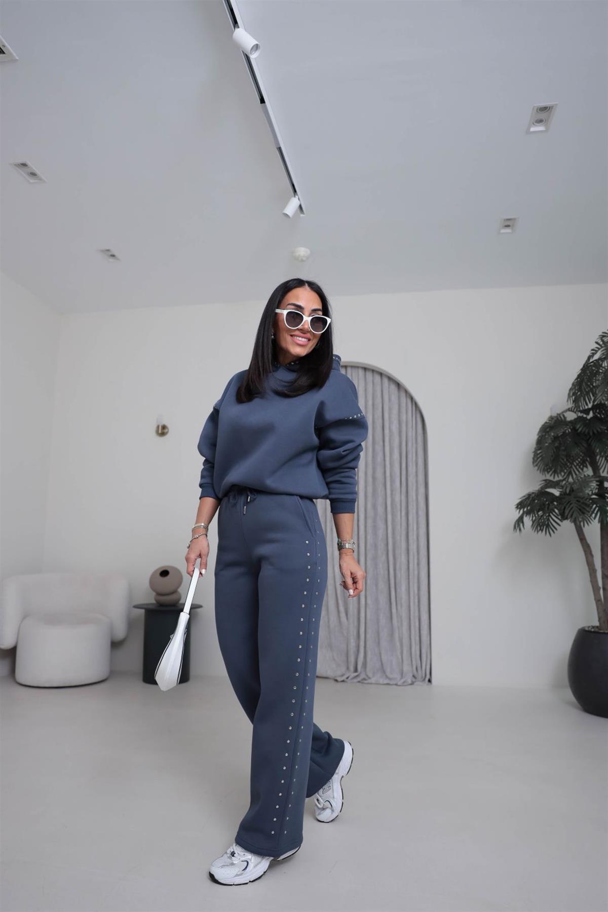 4229 Kapüşonlu Zımba Detaylı Şardonlu Takım ANTRASİT