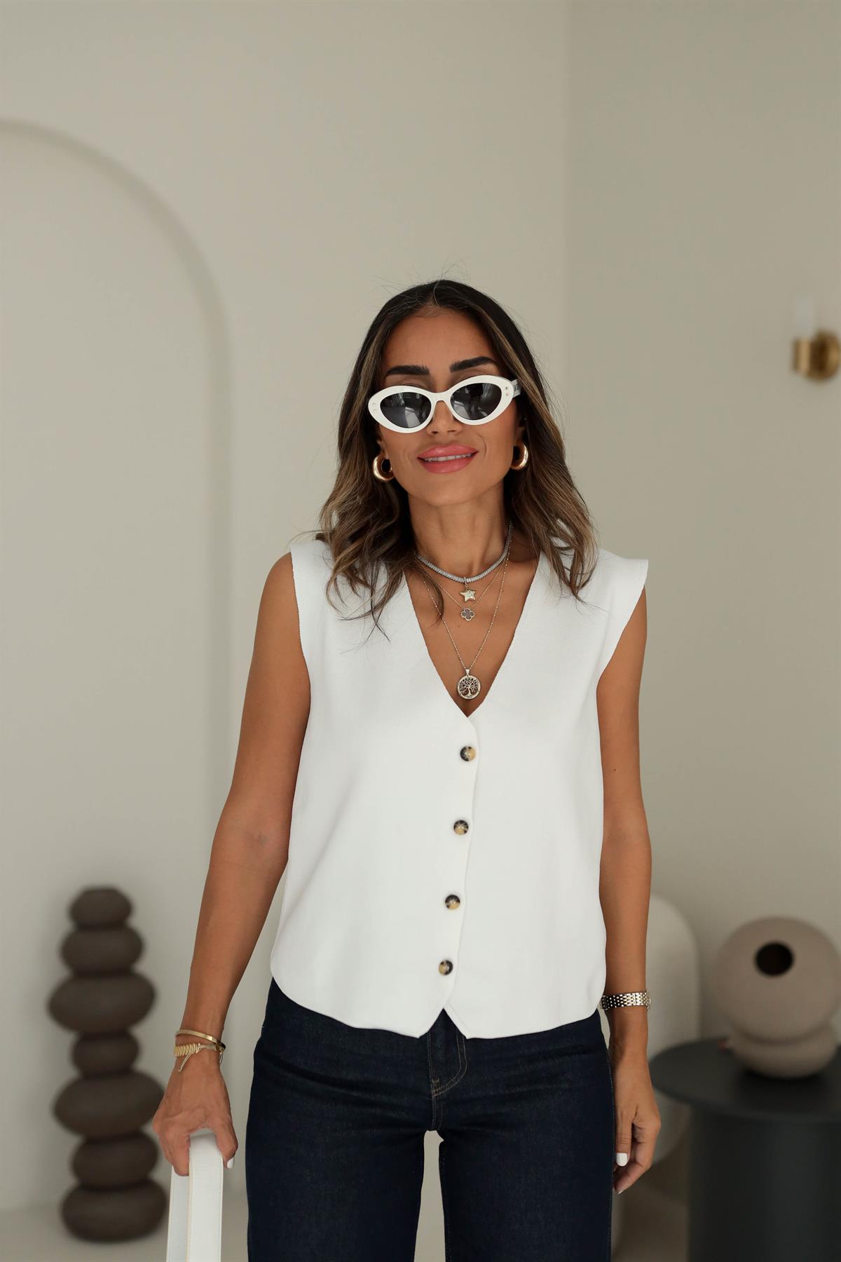 4448 Dört Düğmeli Rahat Triko Yelek EKRU