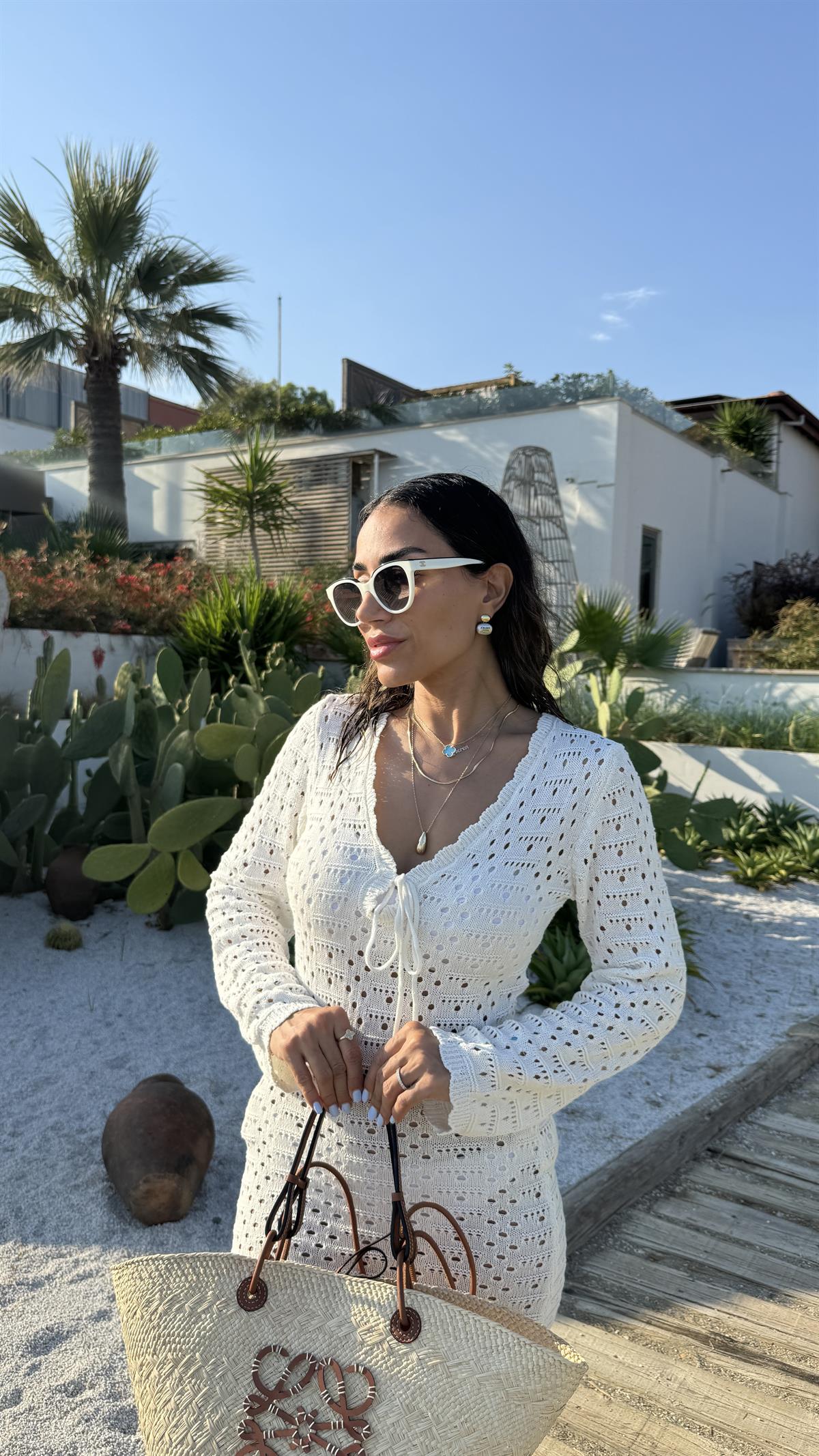 5246 Ajurlu V Yaka Beach Elbise EKRU