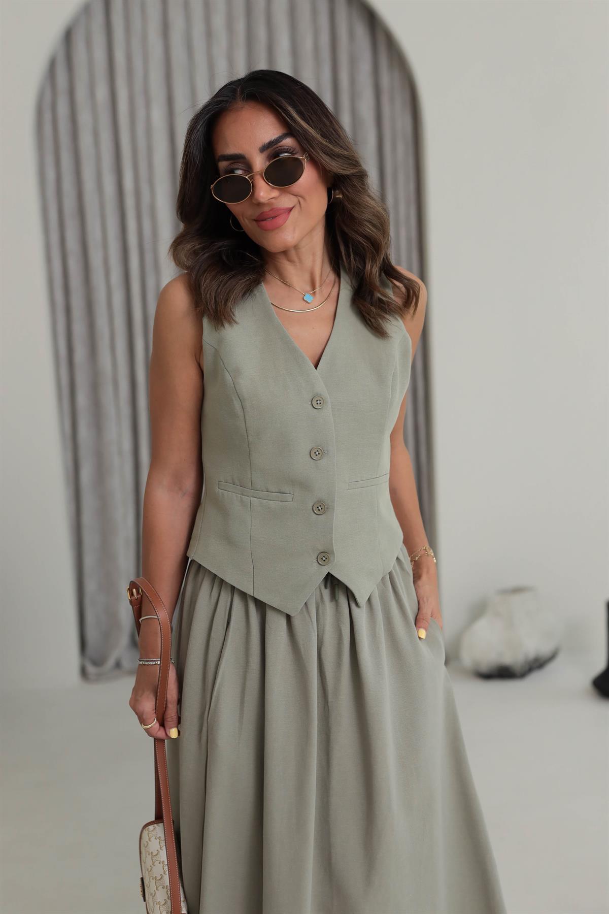 1144 Arka Toka Detay Terni Yelek HAKİ YEŞİL