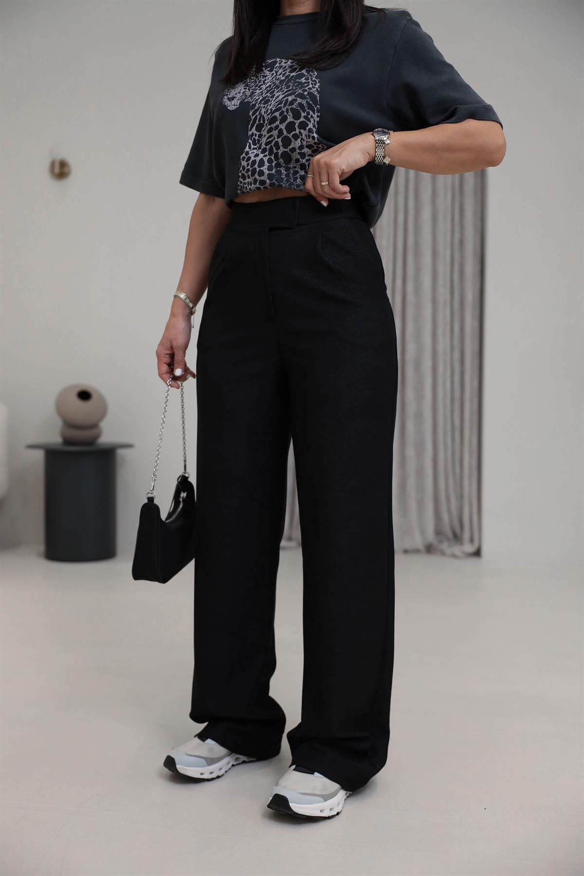 3997 Cırtlı Likralı Dokulu Pantolon SİYAH