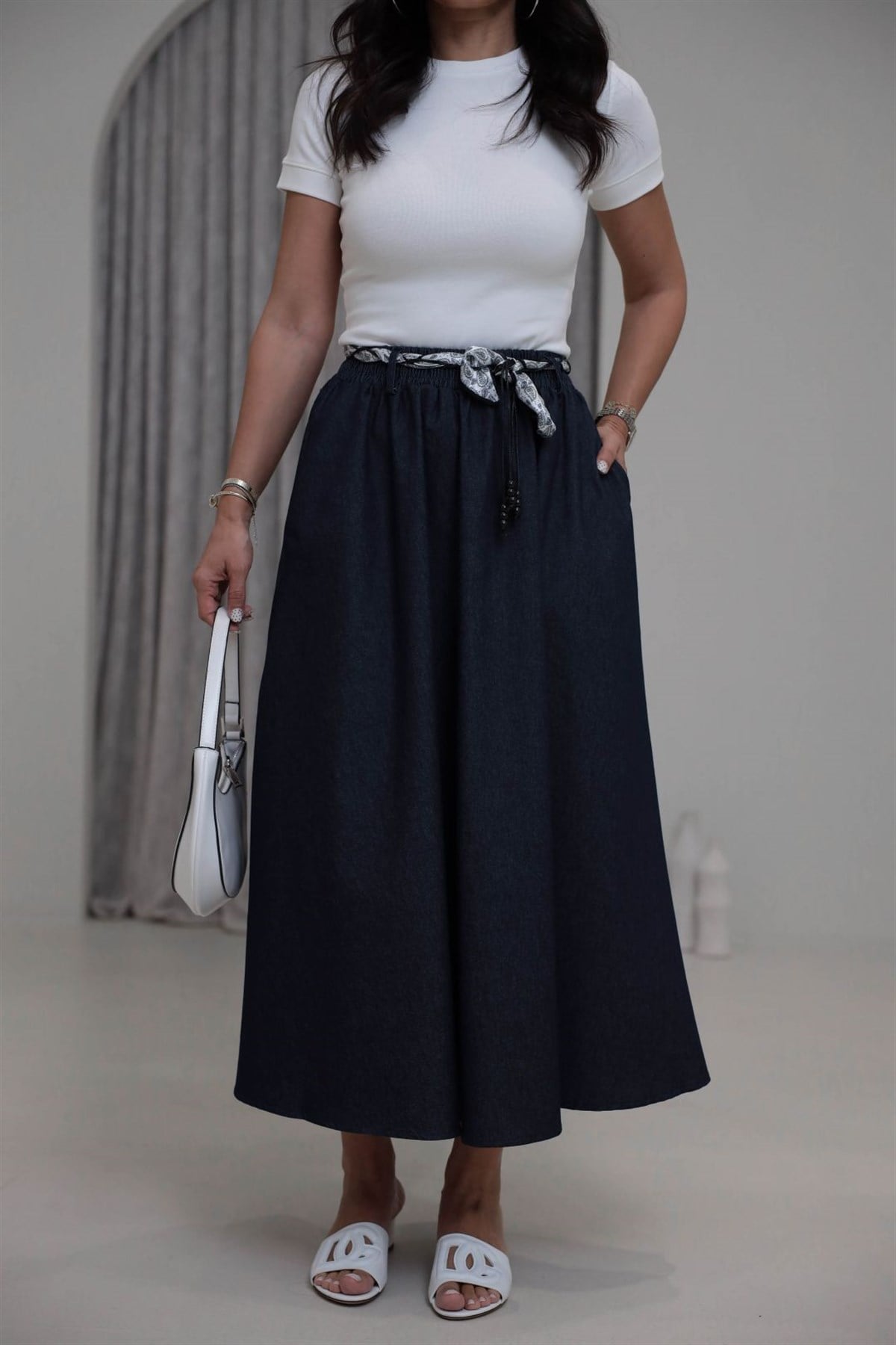 1813 Fular Kemerli Denim Kloş Etek LACİVERT