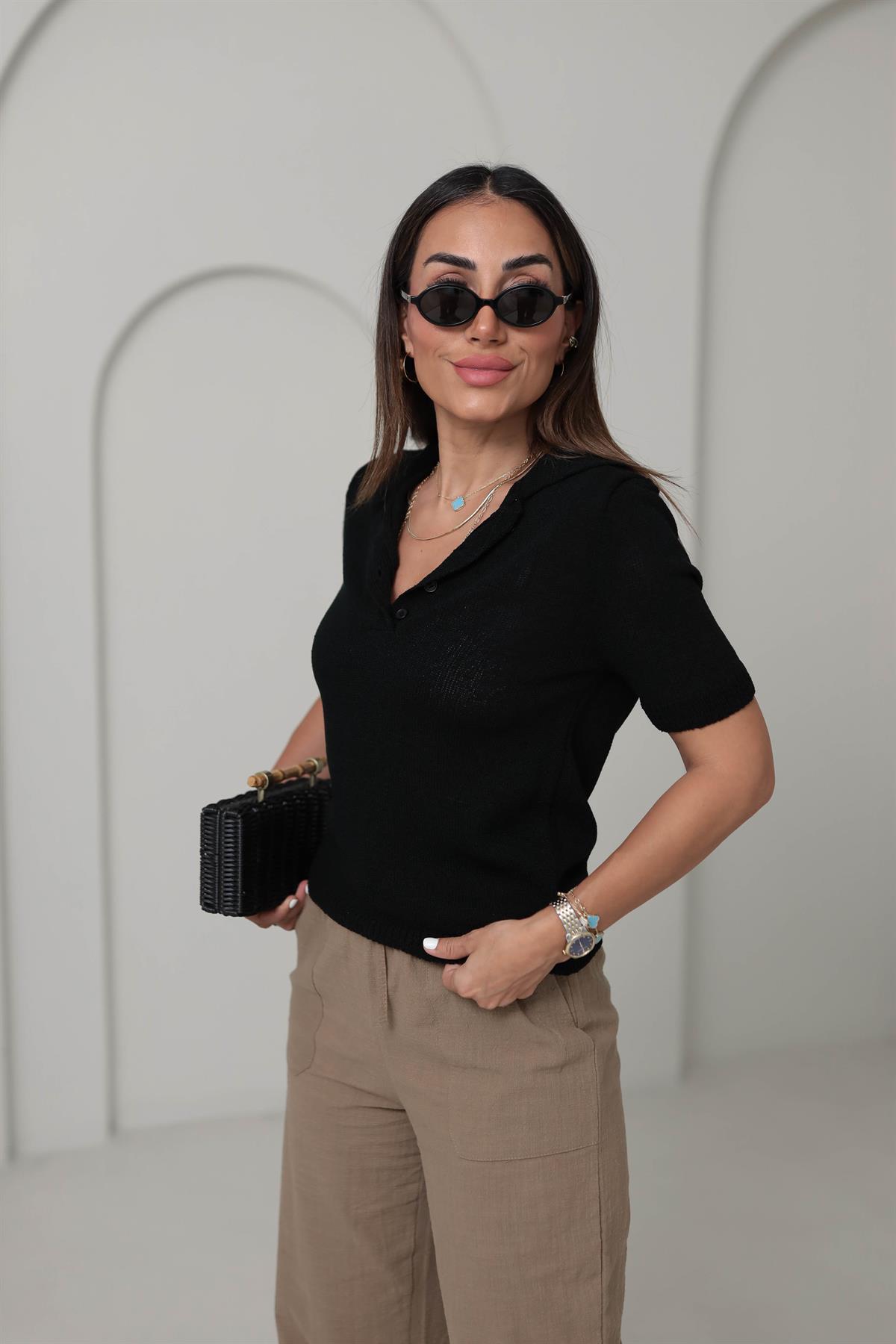 5237 Polo Yaka Düğmeli Triko Bluz SİYAH