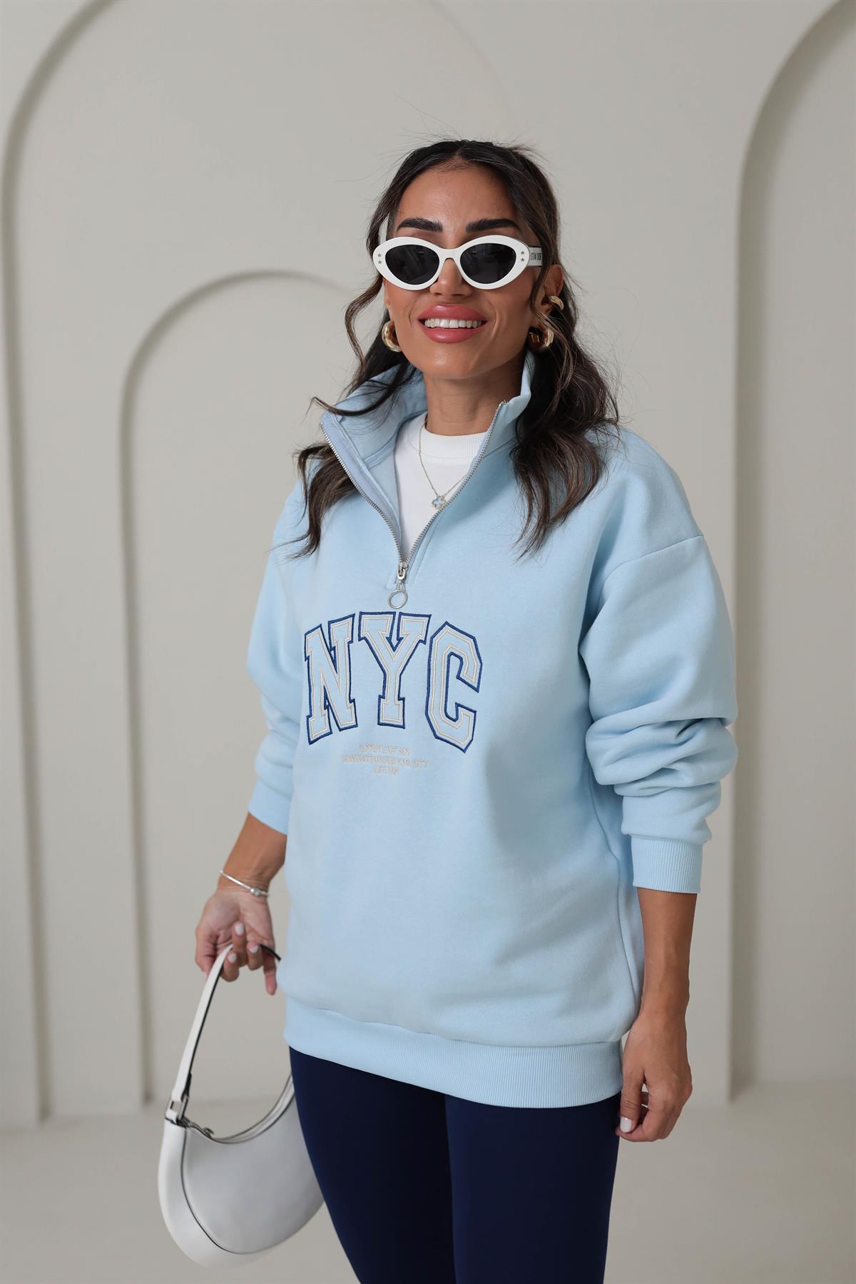 5002 Yarı Fermuarlı Baskılı Sweatshirt