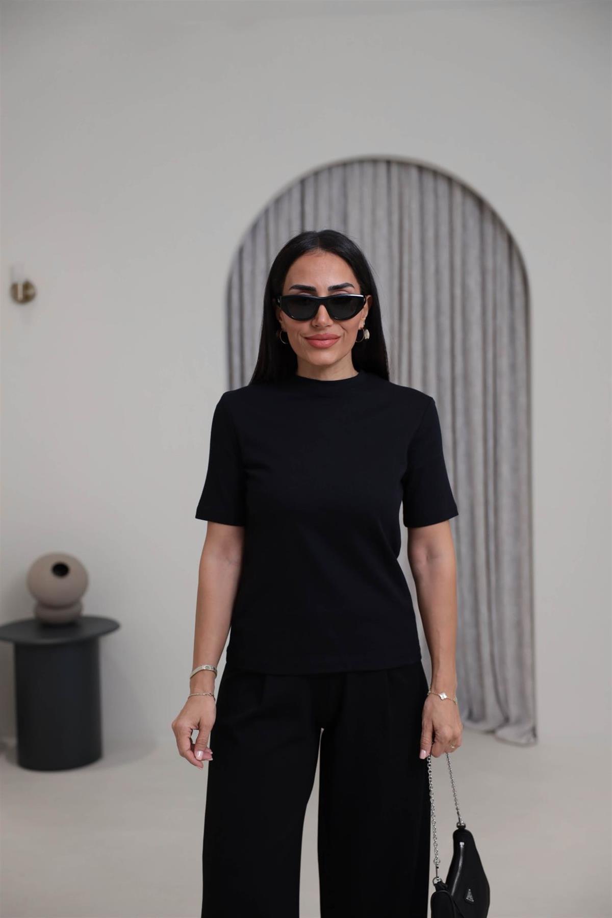 1075 Bisiklet Yaka Pamuklu Basic Tshirt SİYAH