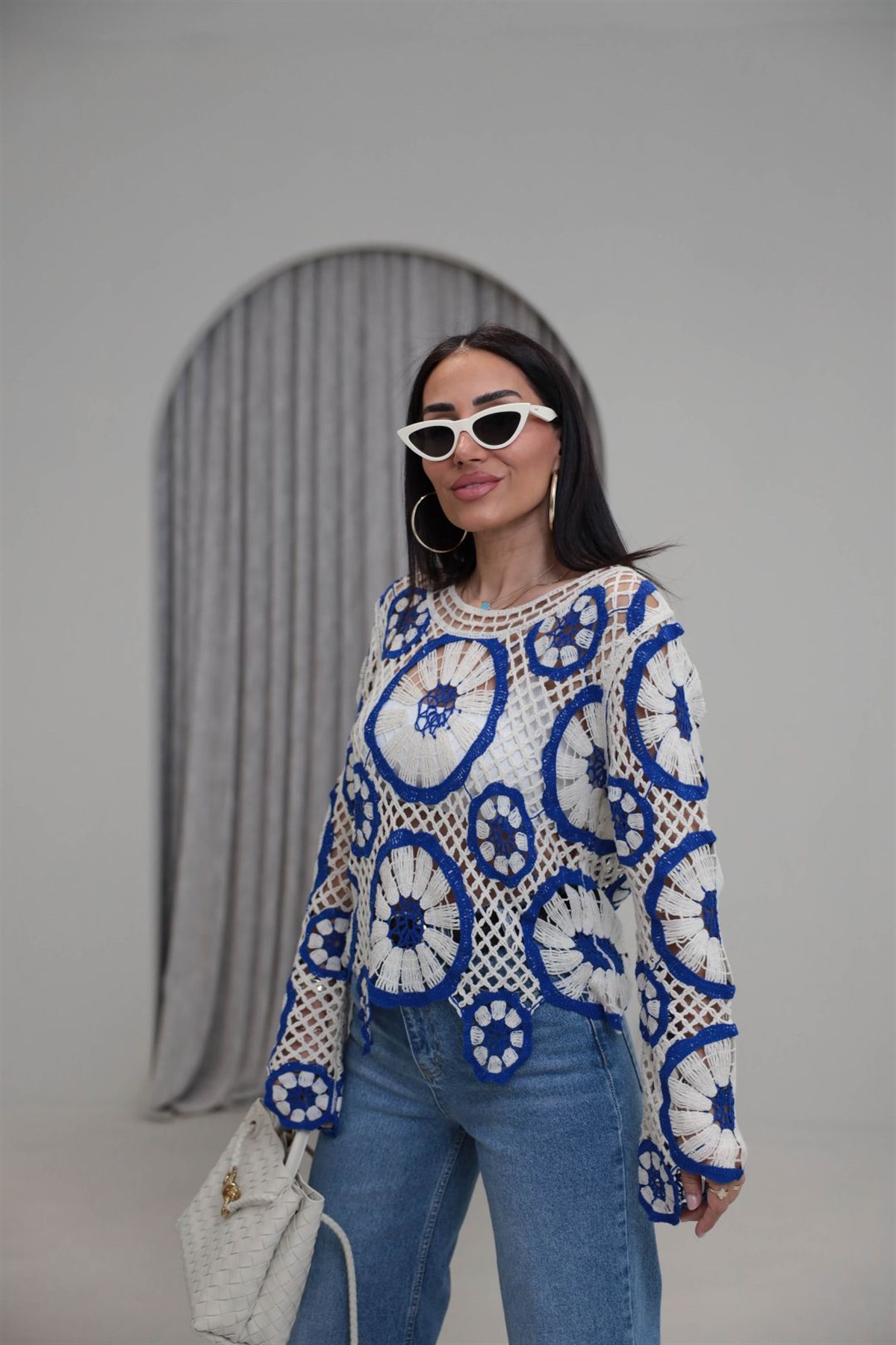 4087 Desenli Örme Yazlık Triko MAVİ