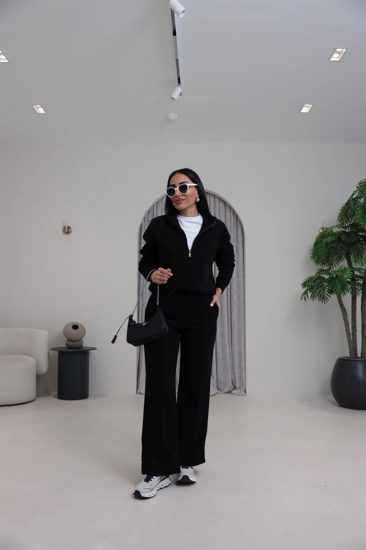 0122 Yarım Fermuarlı Tshirt Garnili Selanik Kumaş Takım SİYAH