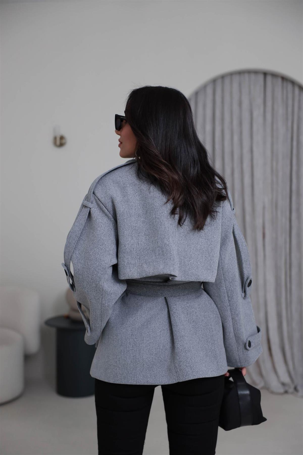 9669 Kuşaklı Oversize Premium Kaşe Ceket GRİ