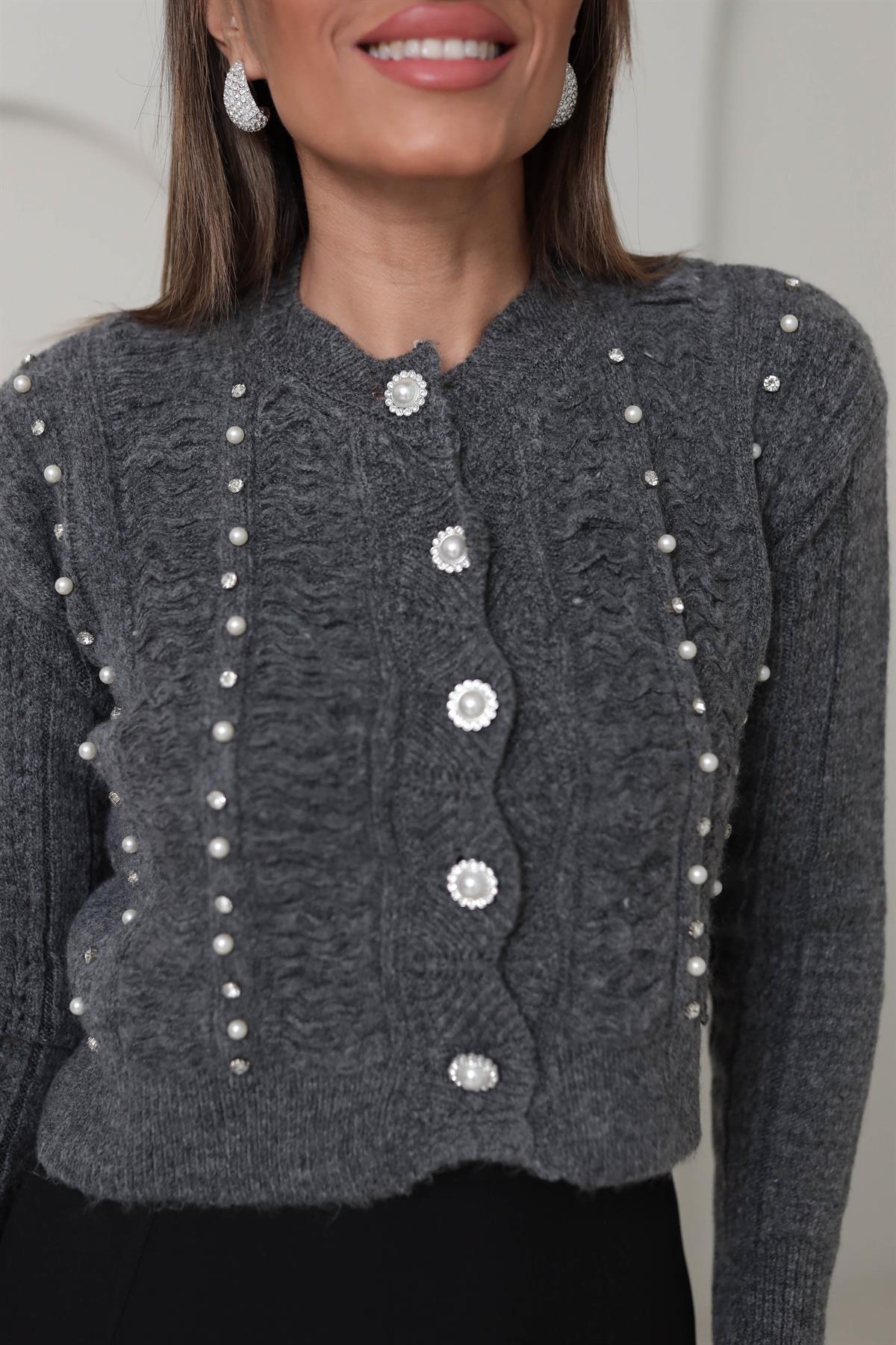 0122 Taş ve İnci Detaylı Hırka GRİ